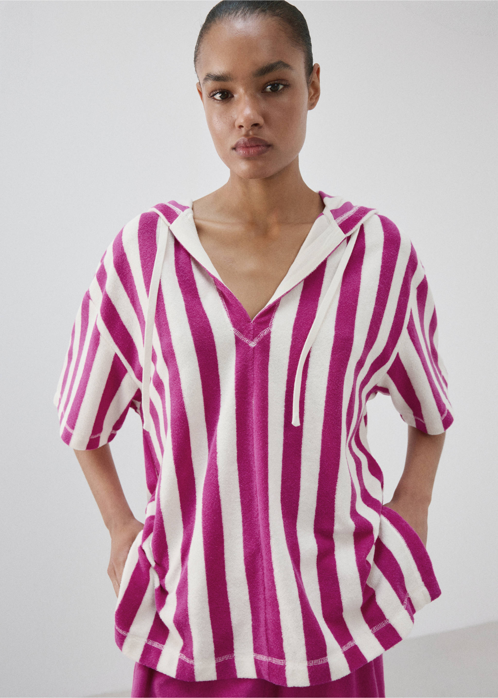 Frottee-Baumwoll-Sweatshirt mit Streifen - Mittlere Ansicht, Fuchsia. Ref: 27055972-00.