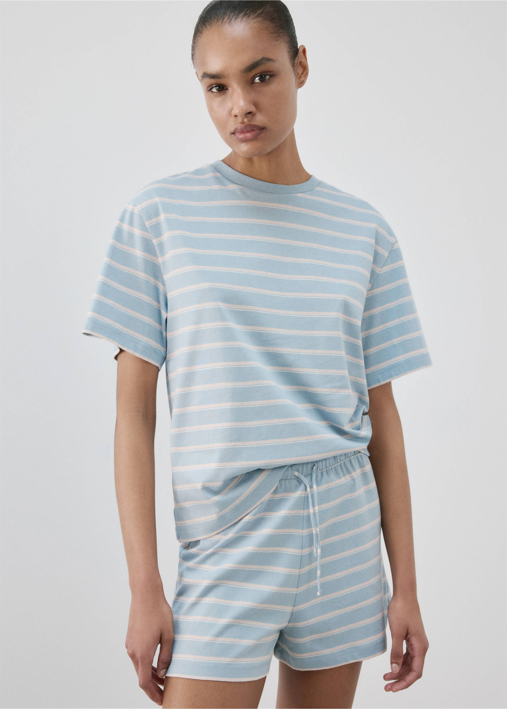 Cotton striped pyjama t-shirt - Medium plane, Blue. Ref: 27056002-00.