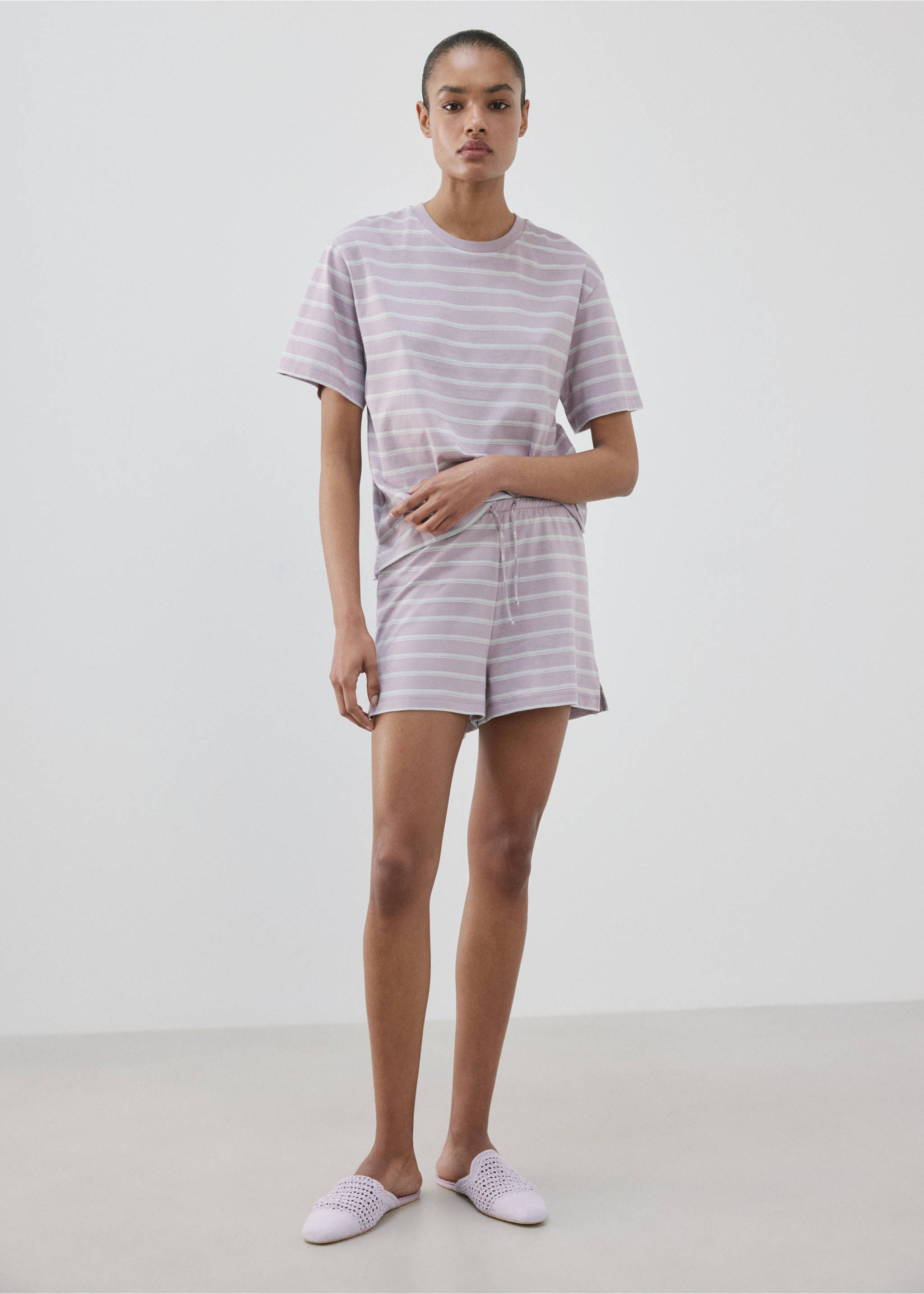 Katoenen pyjama T-shirt met strepen - Overzichtstekening, Paars. Ref: 27056002-00.