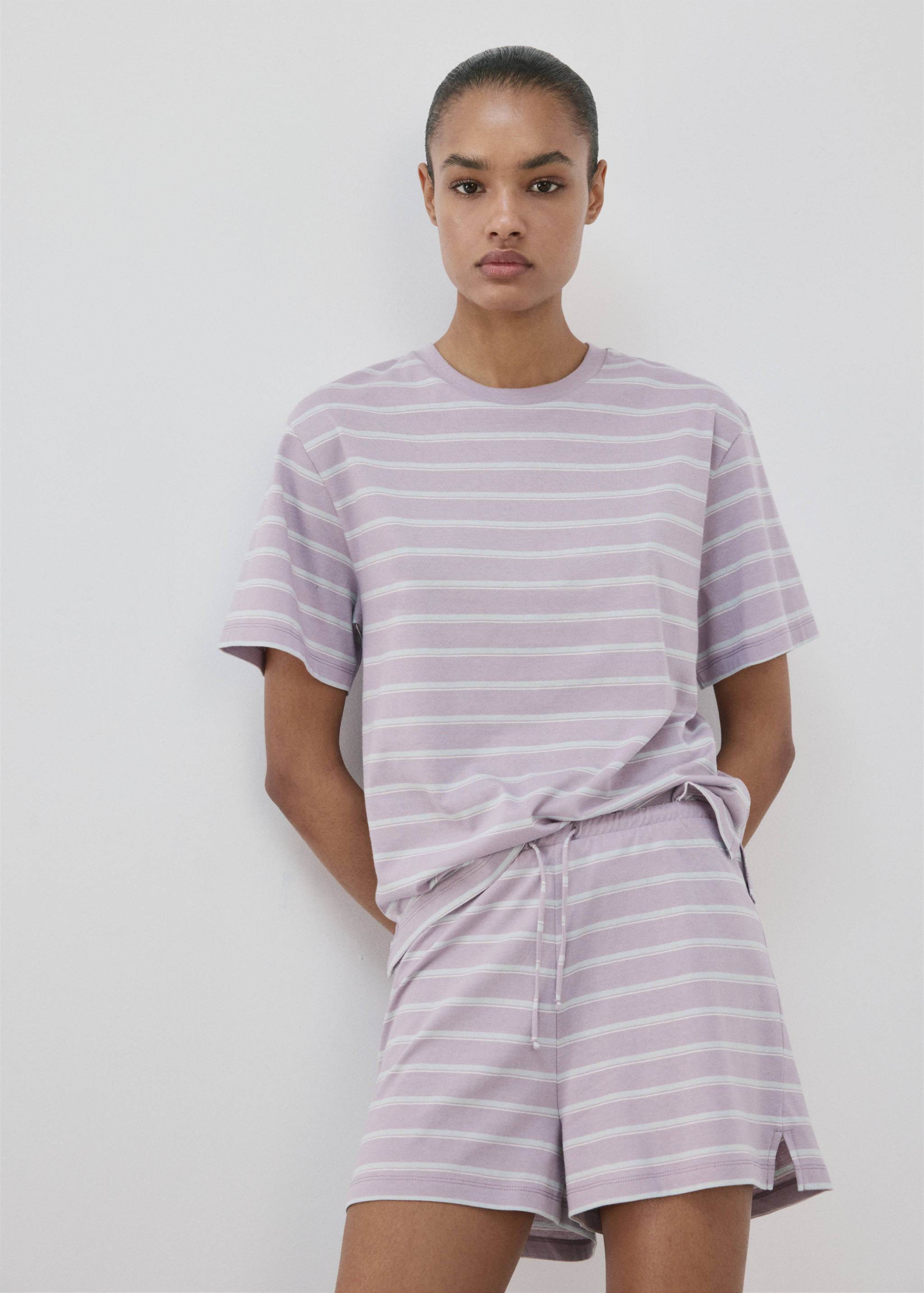 T-shirt de pyjama coton rayures - Plan moyen