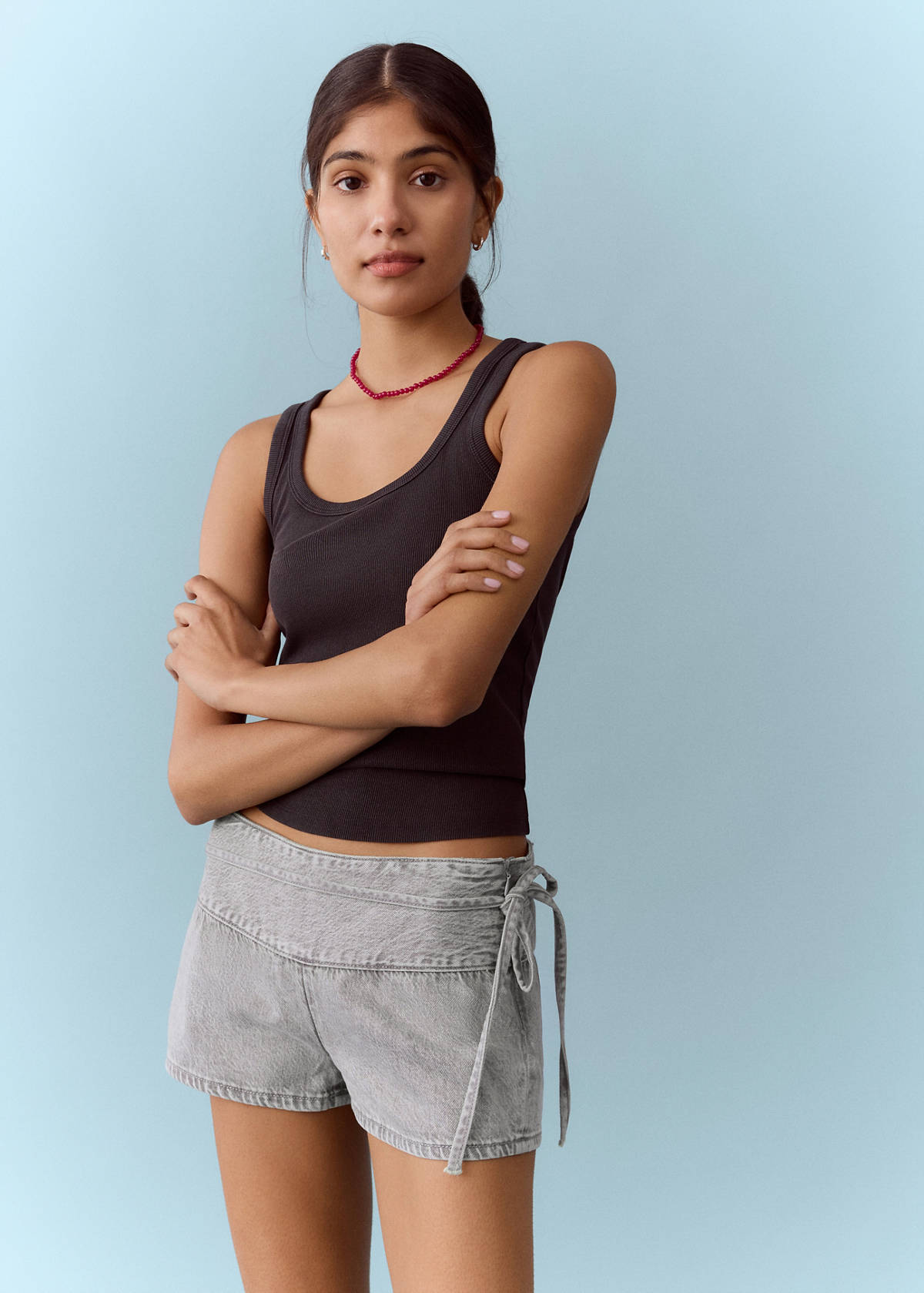 Tie-waist mini shorts — Denim Grey