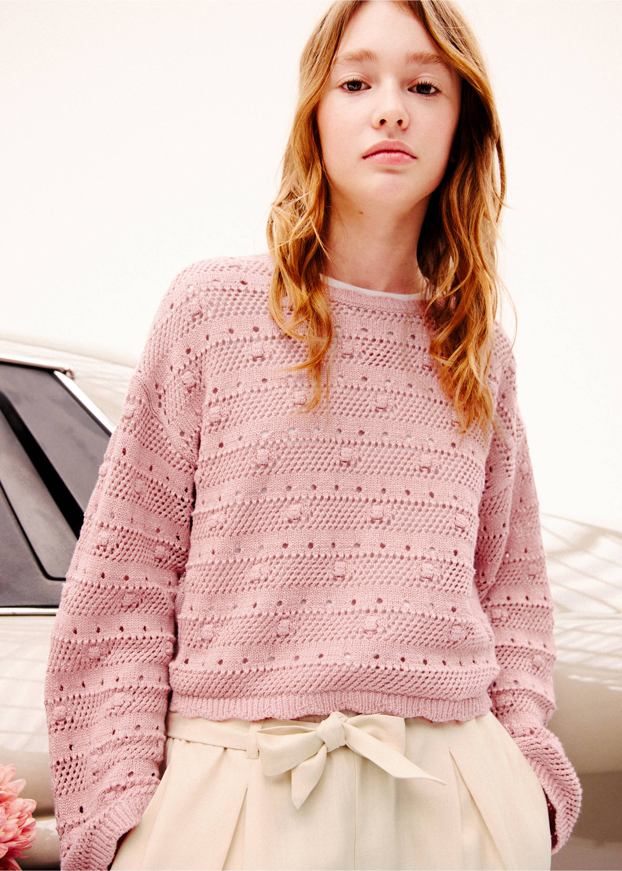 Openwork lurex knit sweater - Details of the article 5, Pink. Ref: 27056351-00.