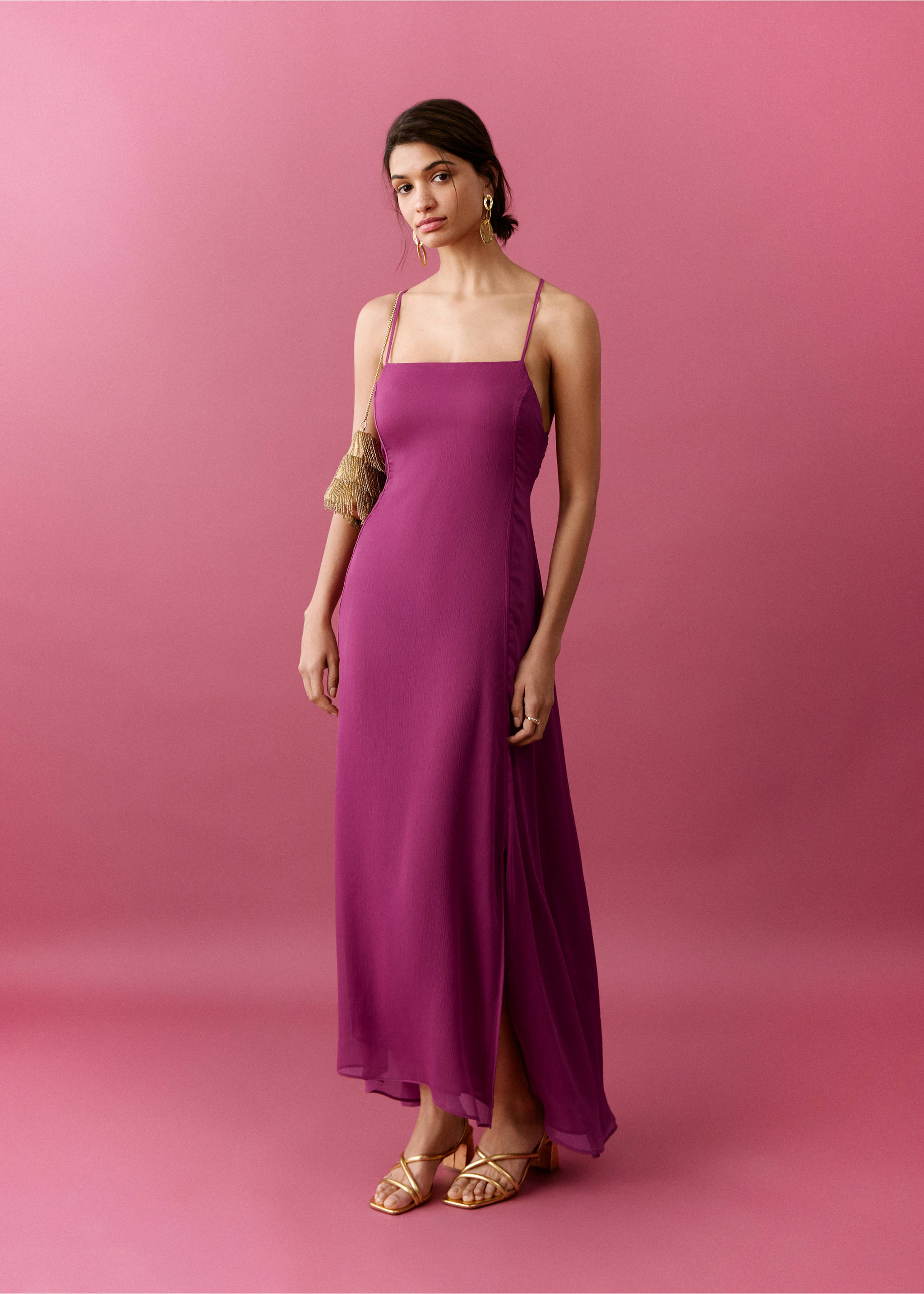 Vestido fluido com costas cruzadas - Plano geral, Fúcsia. Ref: 27056361-00.