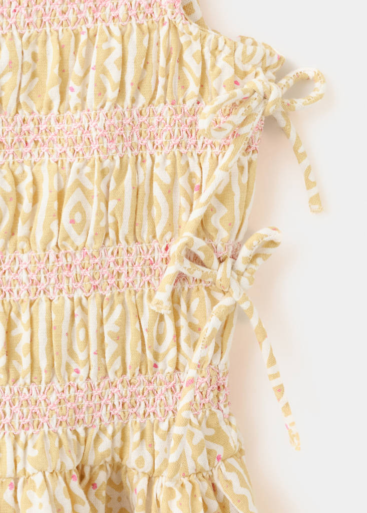 Printed dress with side ties — Ecru