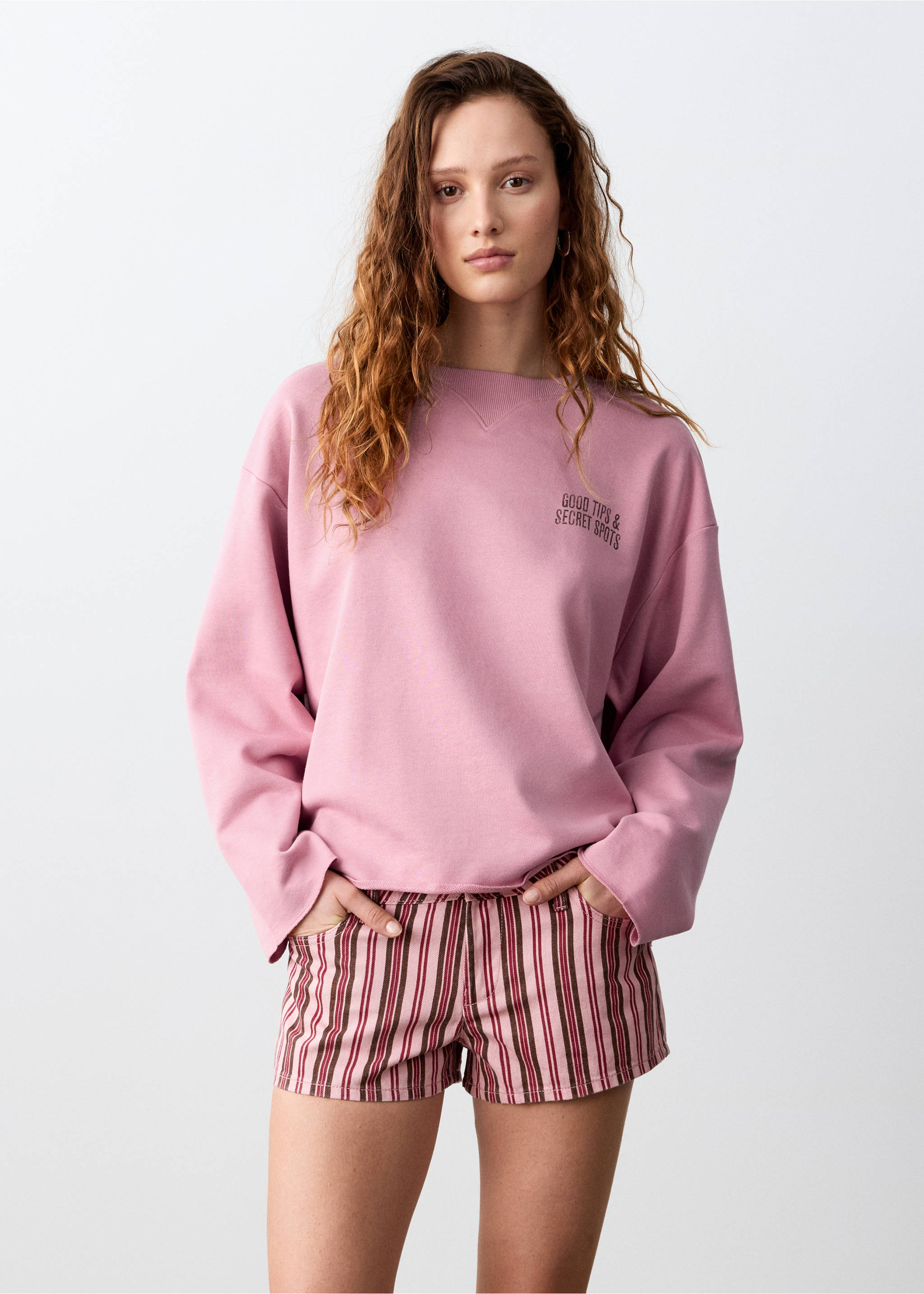 Cotton sweatshirt with text print - Medium plane, Pink. Ref: 27056741-00.
