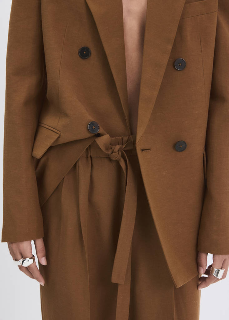 Linen suit trousers with elastic waistband — Caramel