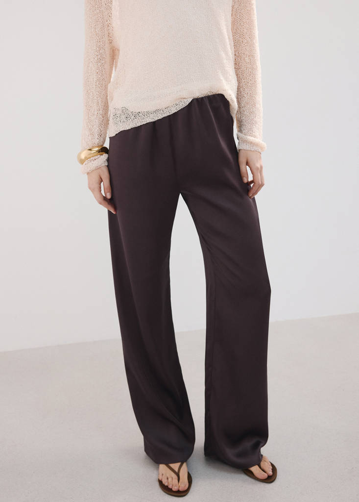 Satin straight-fit trousers — Chocolate