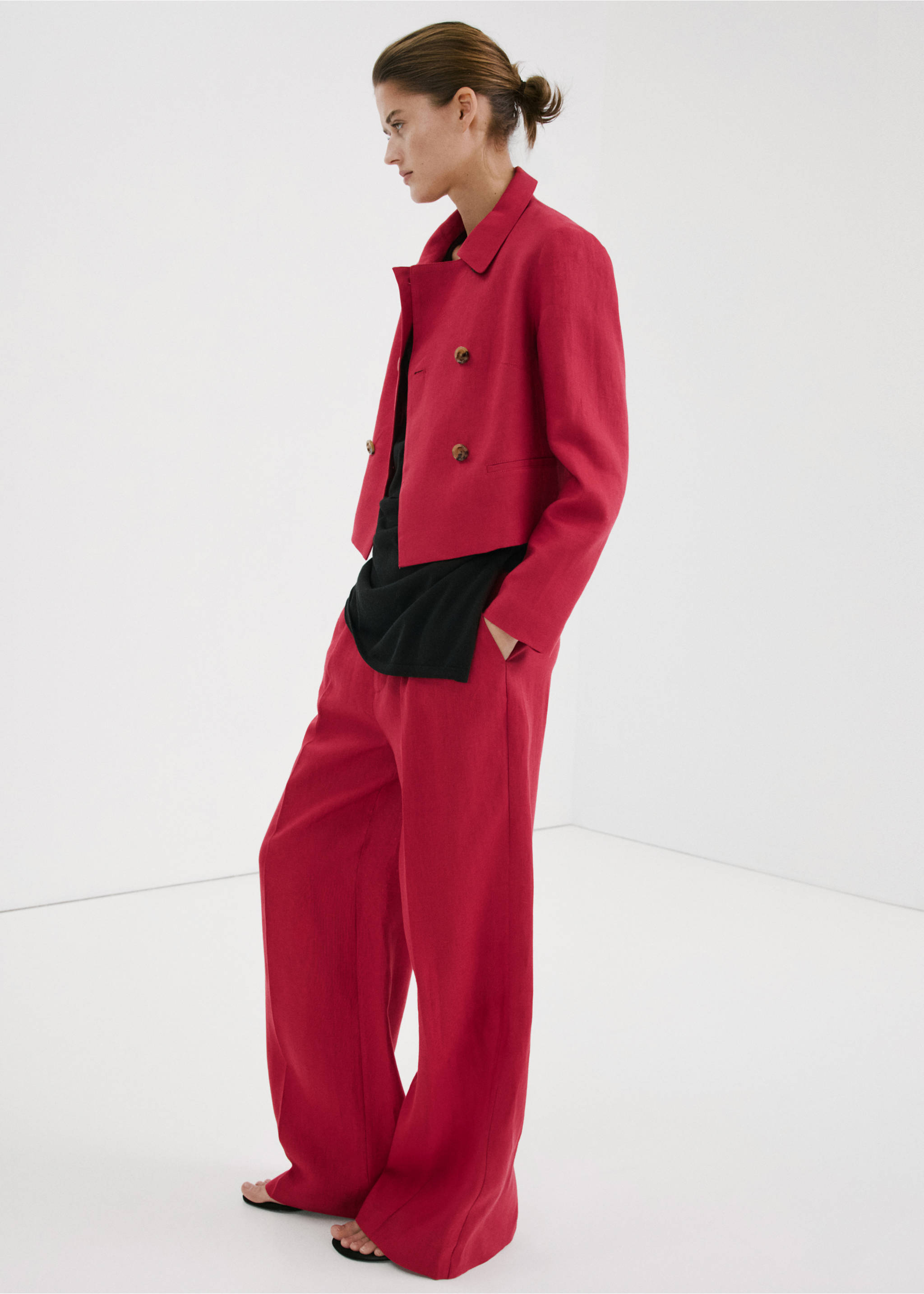 Straight linen-blend trousers - General plane, Red. Ref: 27057142-00.