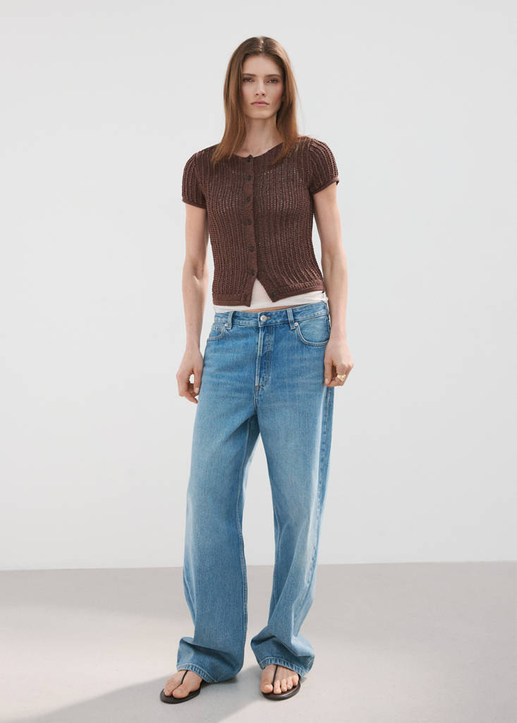 Short-sleeved crochet cardigan — Chocolate