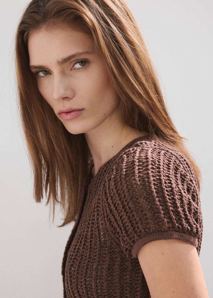 Short-sleeved crochet cardigan — Chocolate