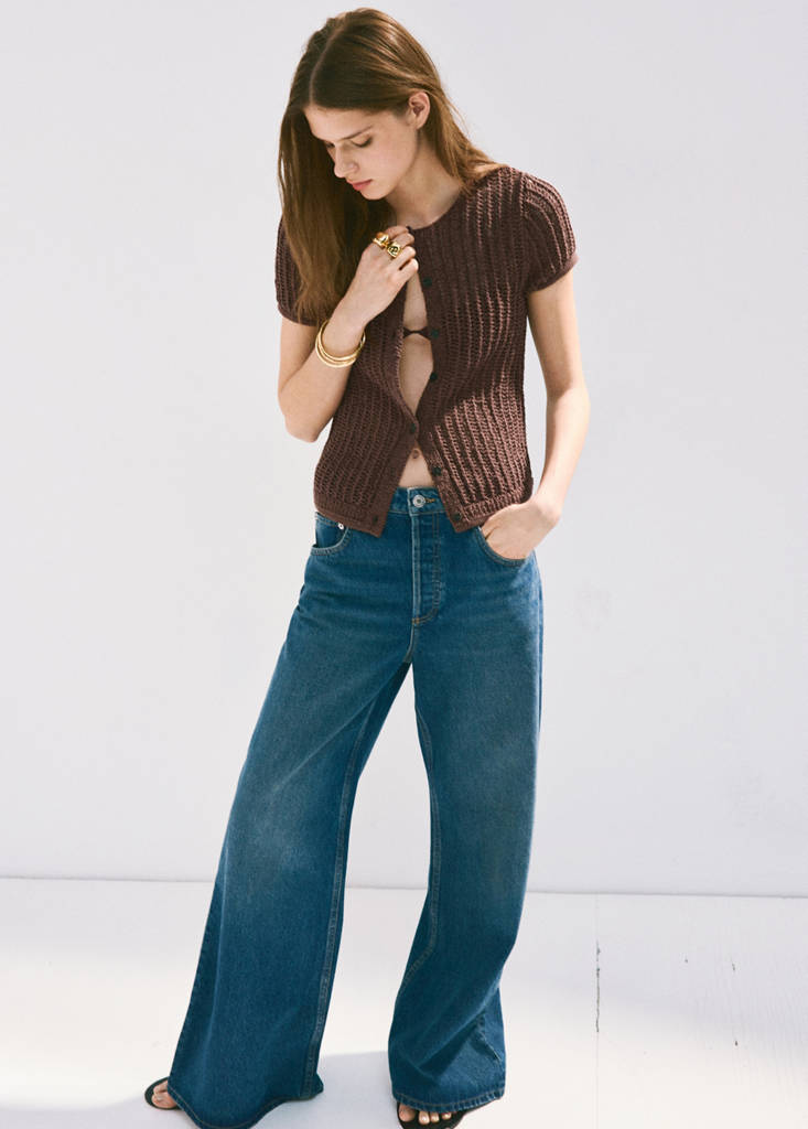 Short-sleeved crochet cardigan — Chocolate