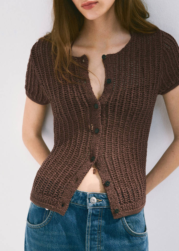 Short-sleeved crochet cardigan — Chocolate