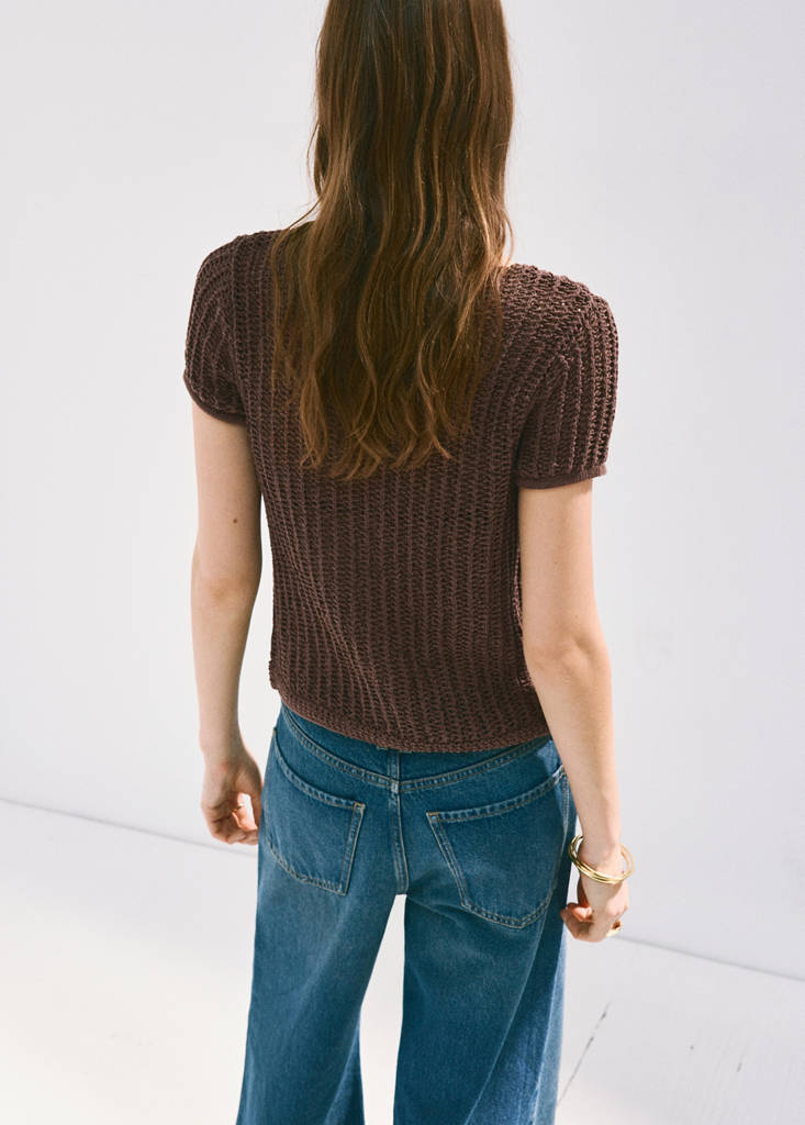 Short-sleeved crochet cardigan — Chocolate