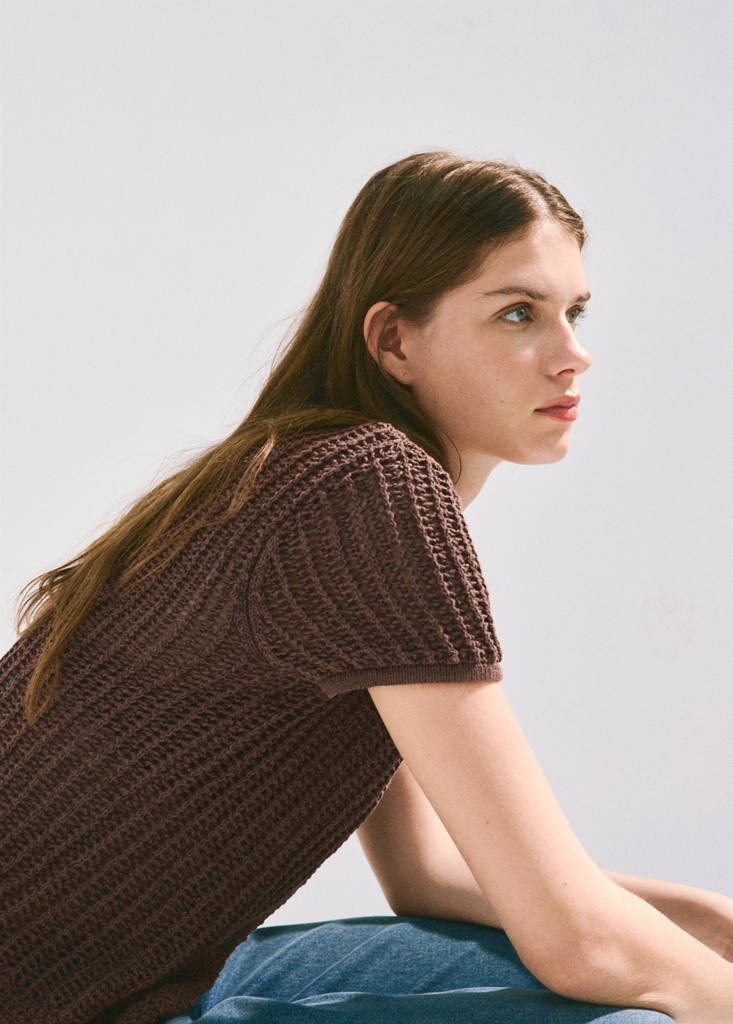 Short-sleeved crochet cardigan — Chocolate
