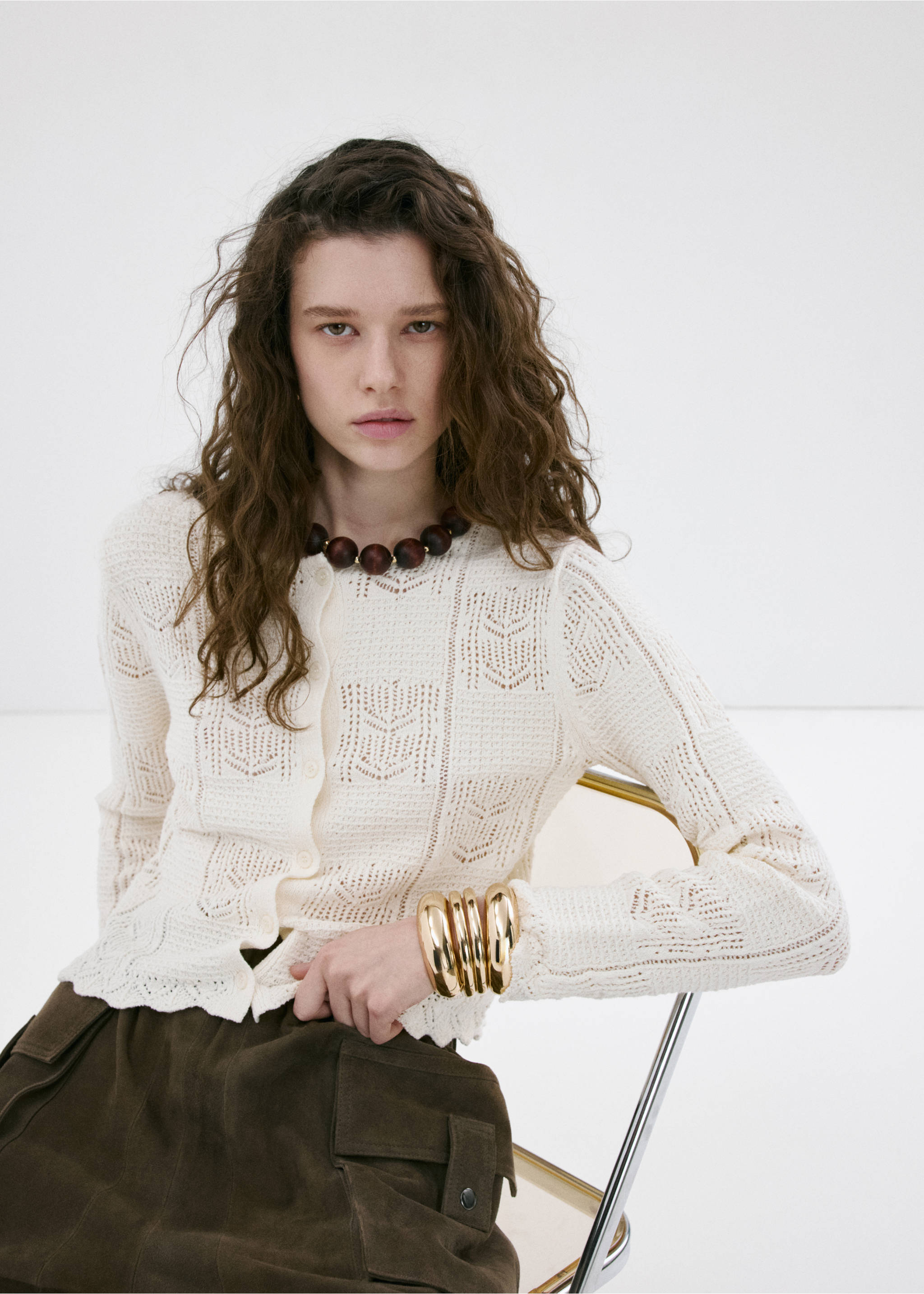 Cárdigan punto detalles calados - Detalle del artículo 6, Crudo. Ref: 27057144-00.