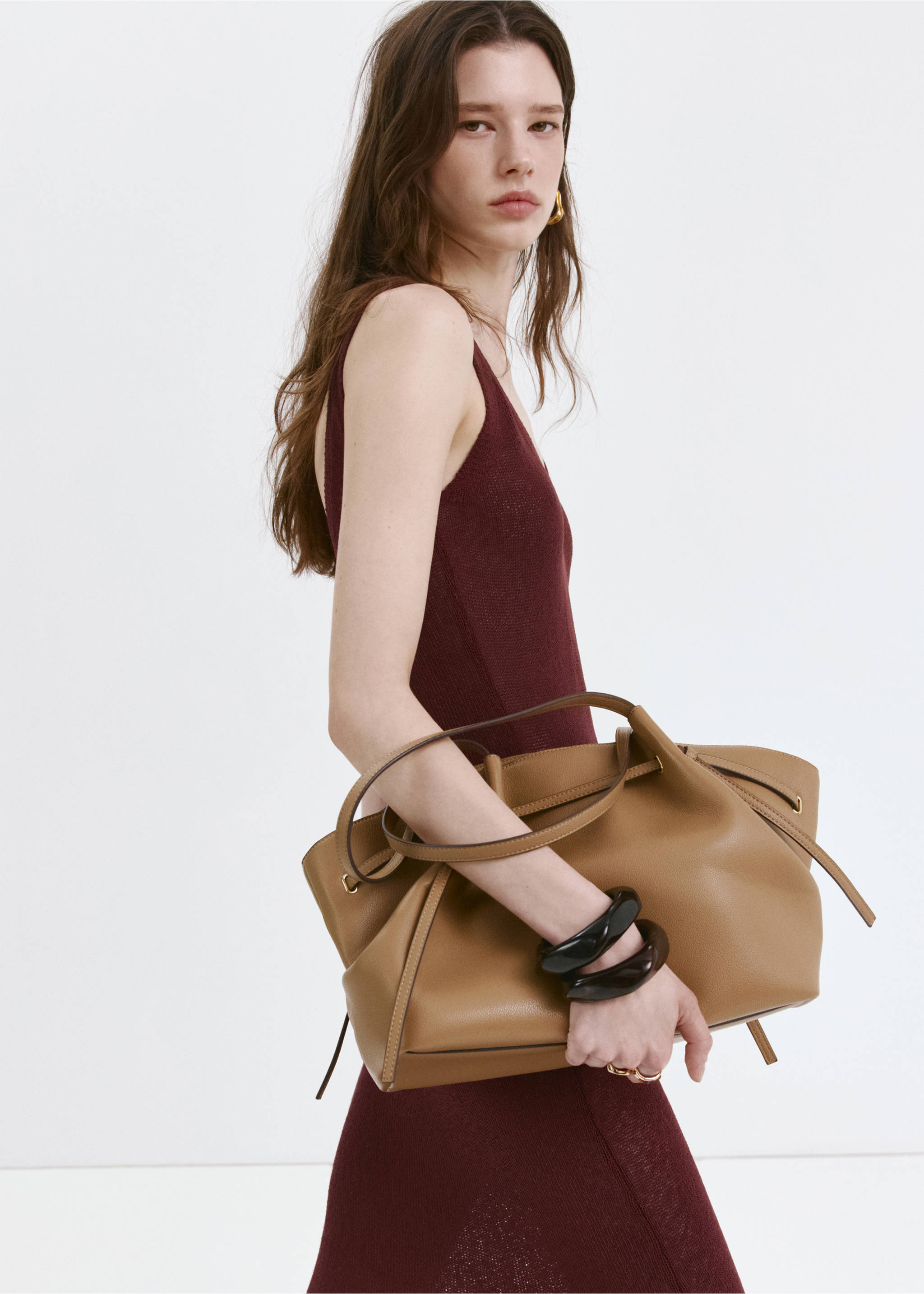 V-neck knitted dress - Medium plane, Burnt Orange. Ref: 27057145-01.