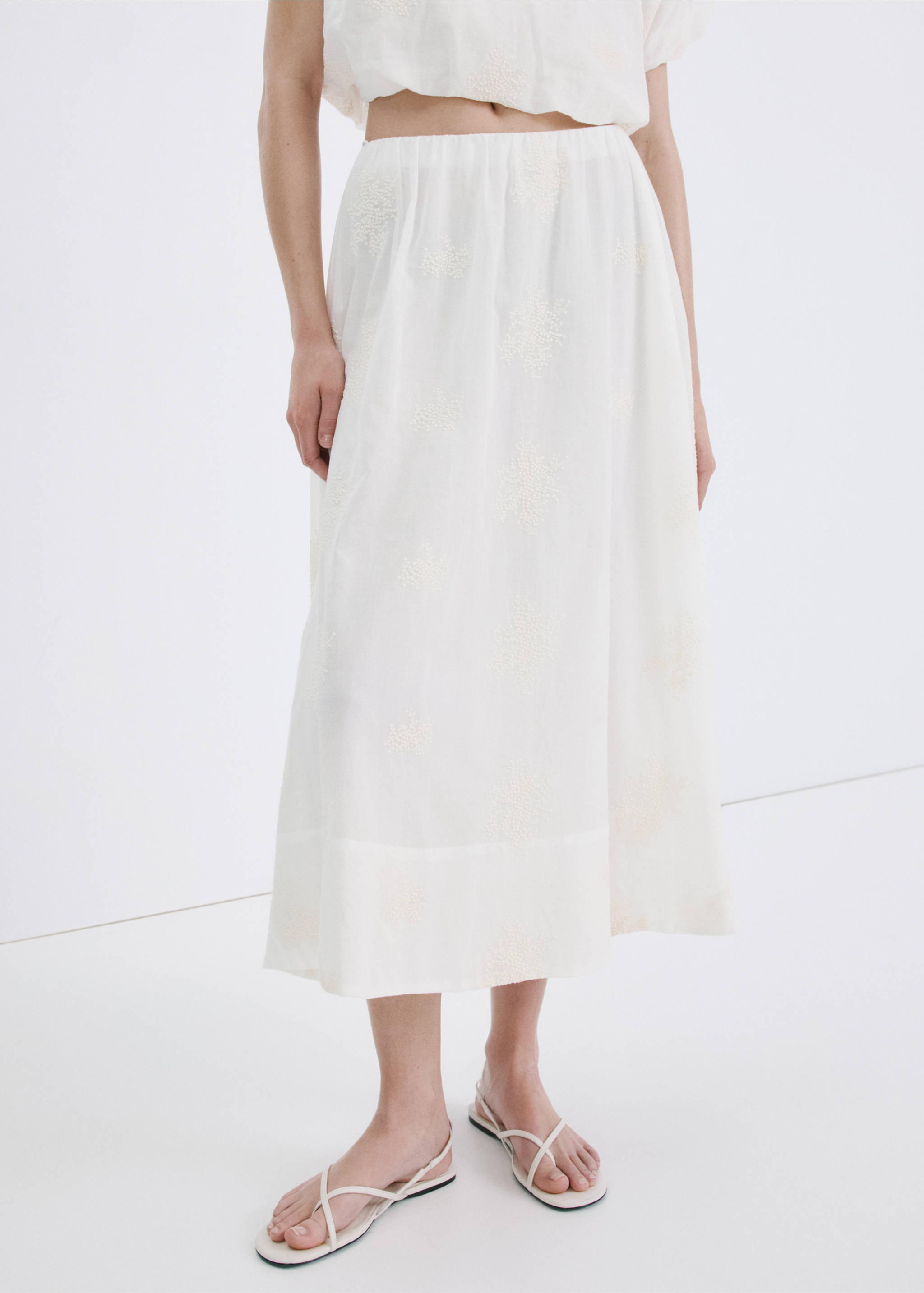 Cotton skirt with embroidery details - Medium plane, Ecru. Ref: 27057148-00.