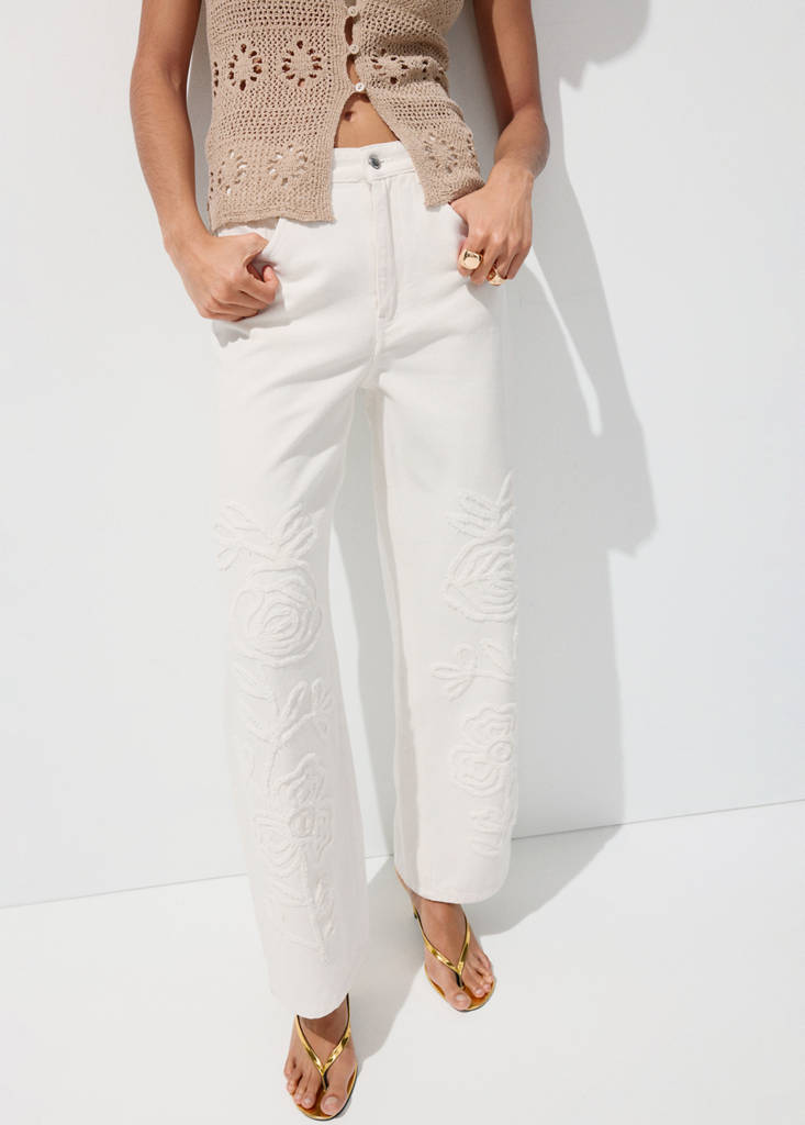 Wide leg jeans with floral embroidery — Off White