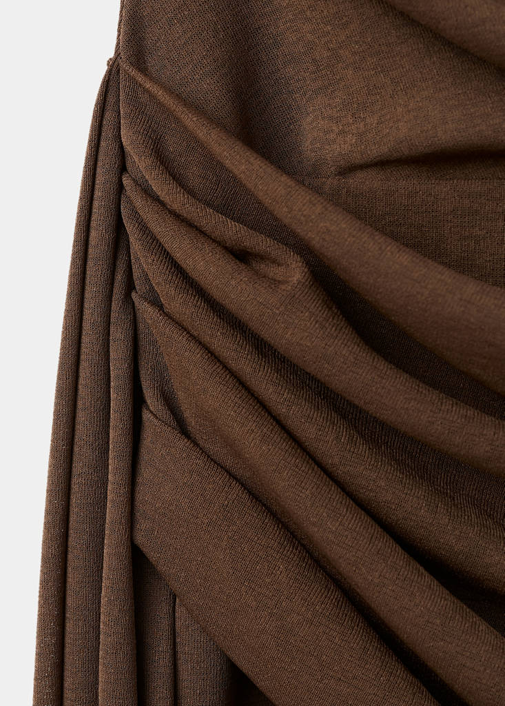 Ruched dress with draped neckline — Brown
