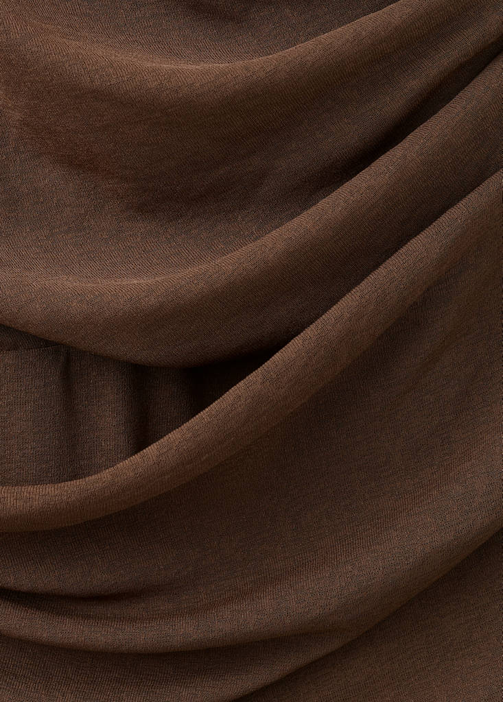 Ruched dress with draped neckline — Brown