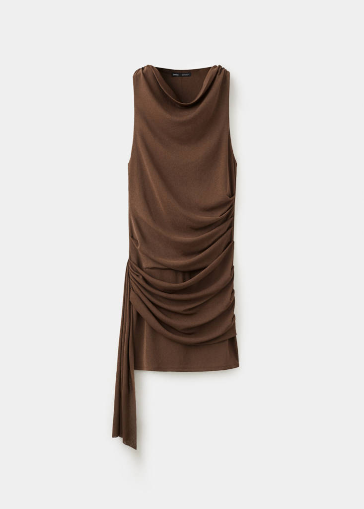 Ruched dress with draped neckline — Brown