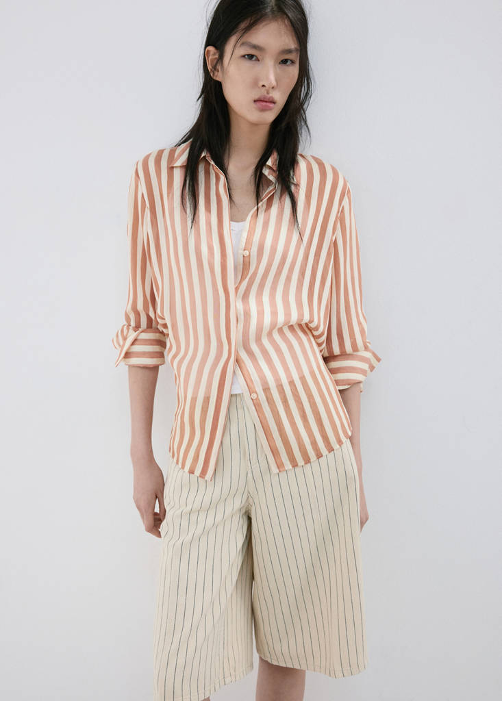 Semi-transparent striped lyocell shirt — Brown