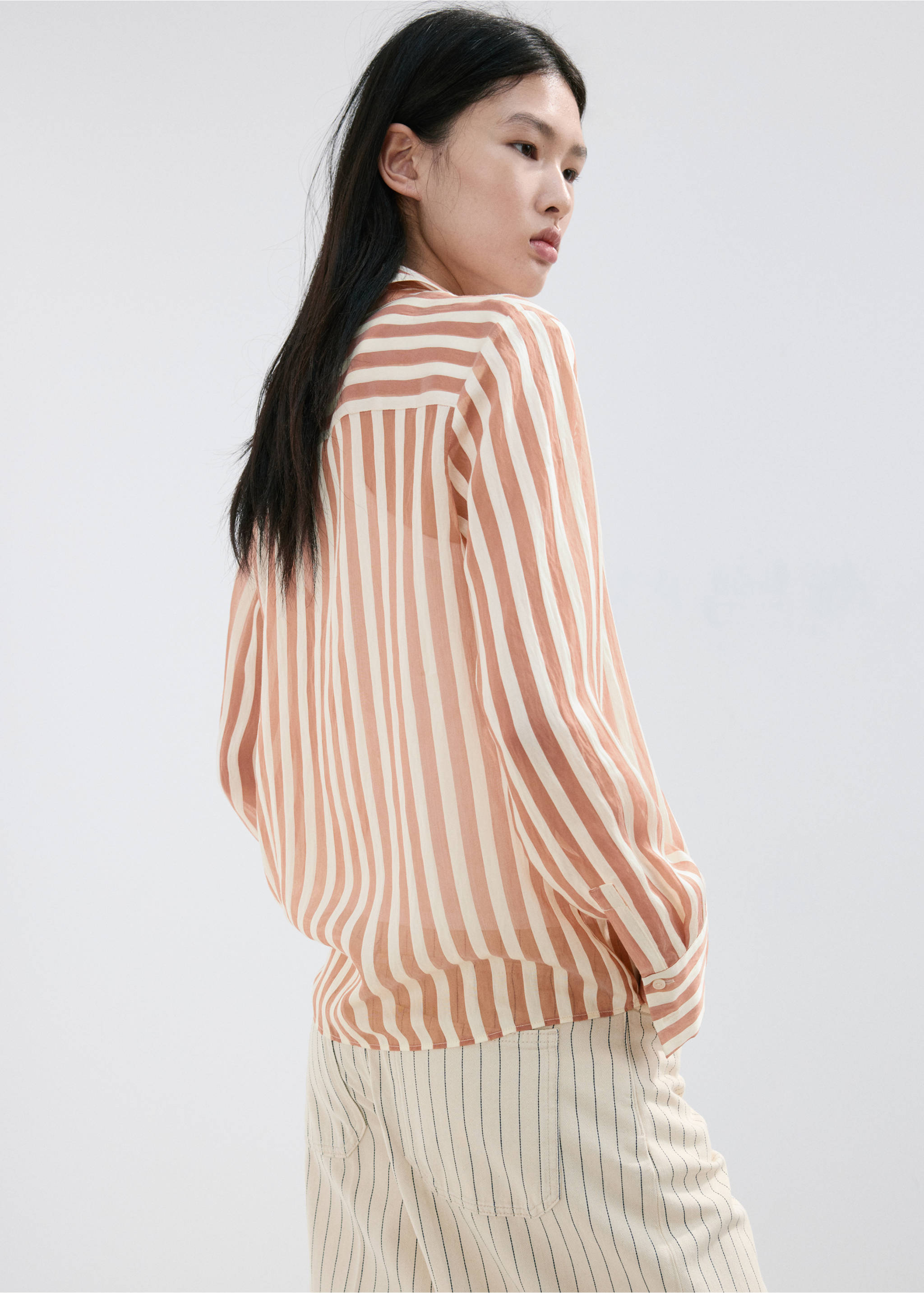 Semi-transparent striped lyocell shirt - Reverse of the article, Brown. Ref: 27057157-00.