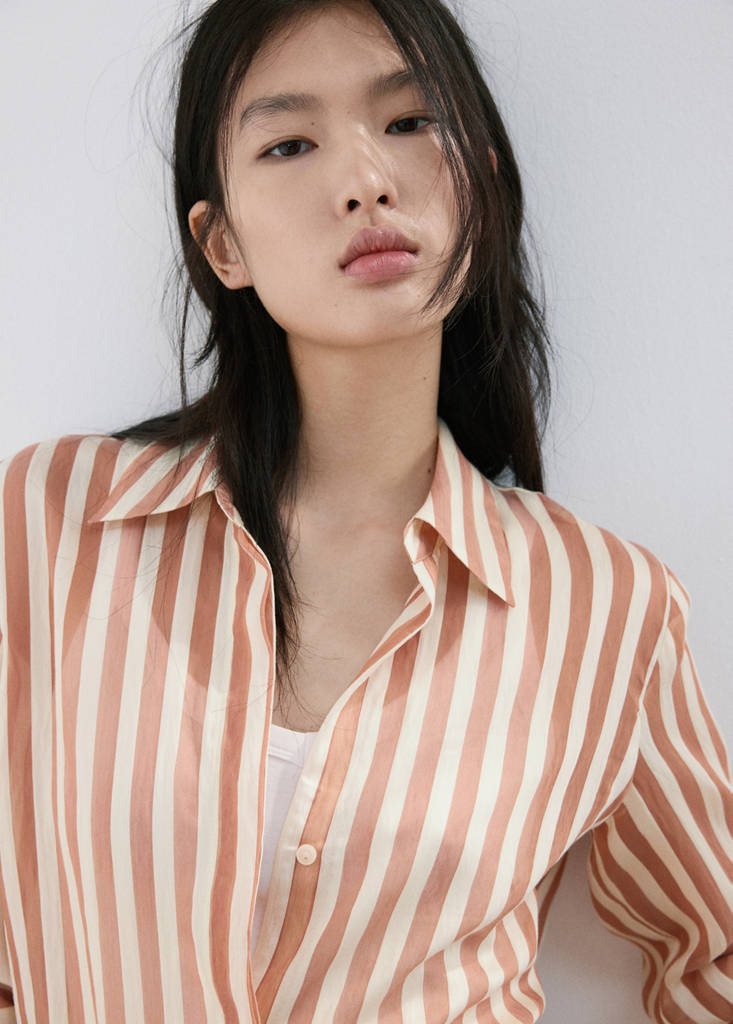 Semi-transparent striped lyocell shirt — Brown