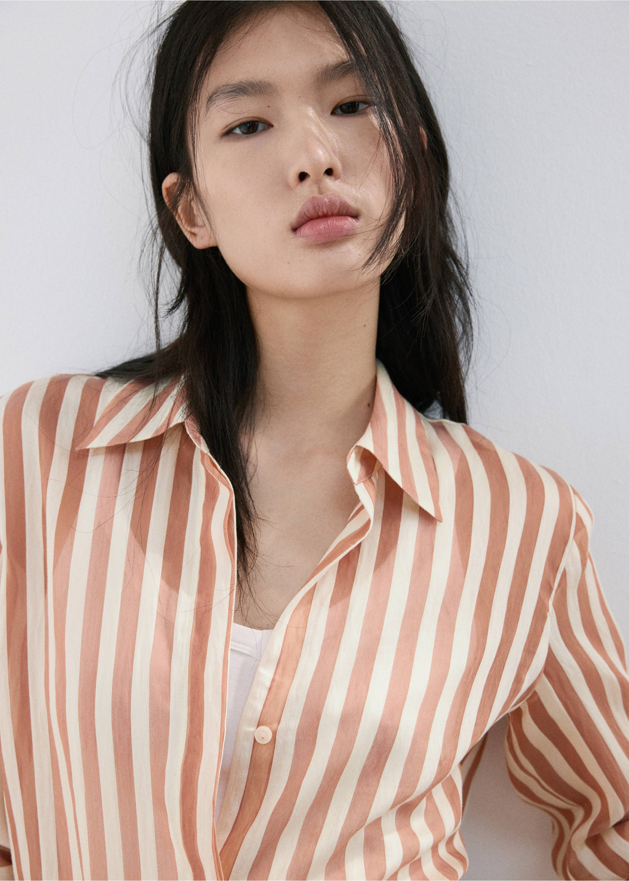 Semi-transparent striped lyocell shirt - Details of the article 1, Brown. Ref: 27057157-00.