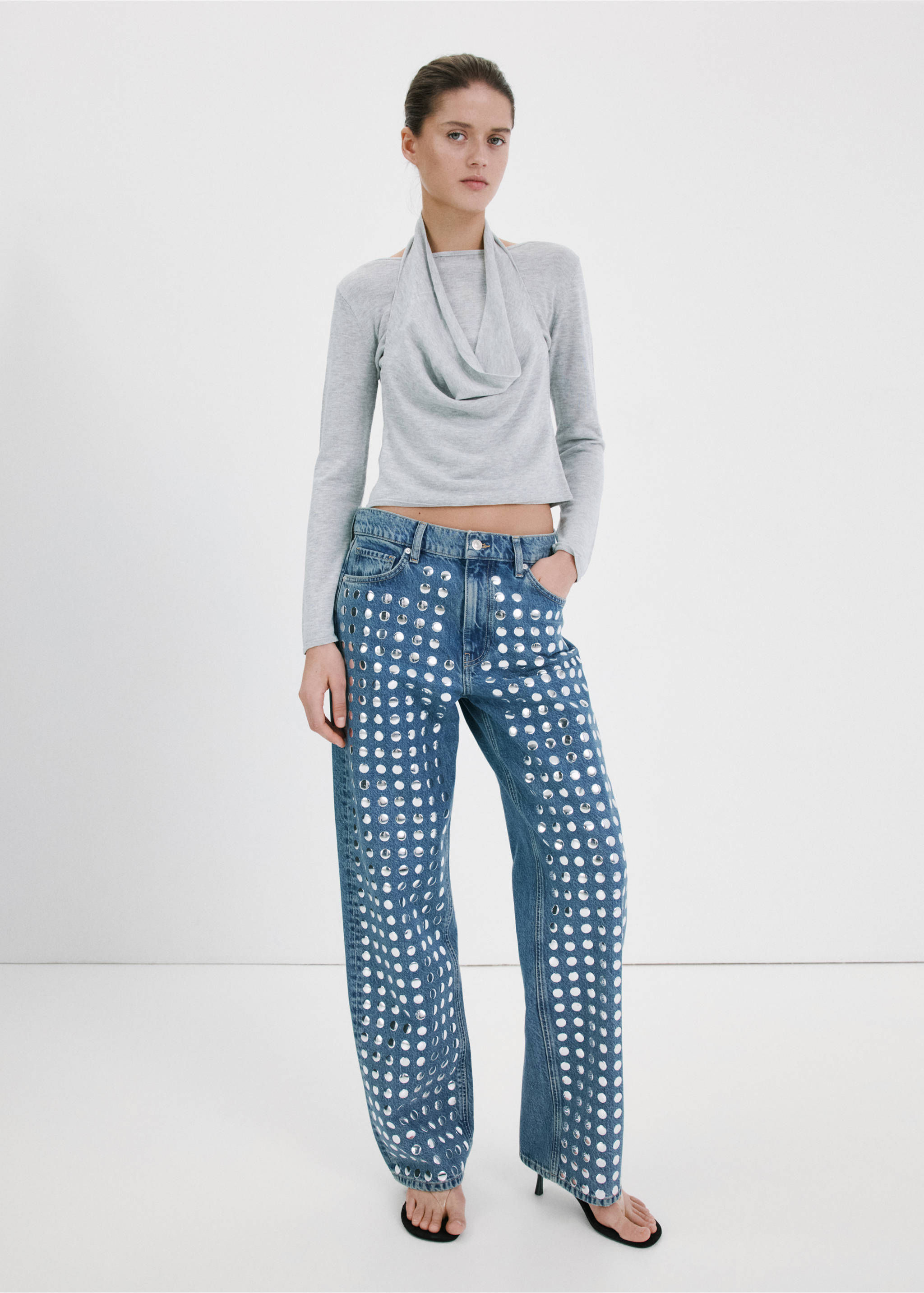 Straight-fit jeans with studs - General plane, Medium Blue. Ref: 27057169-00.