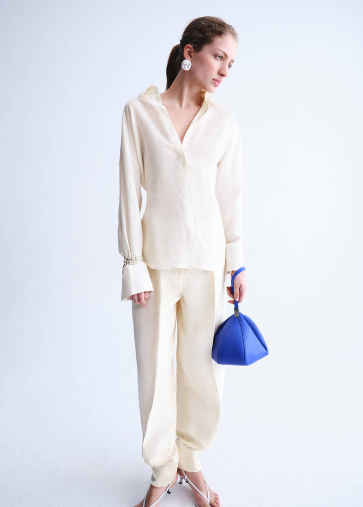 Linen tie blouse — Off White