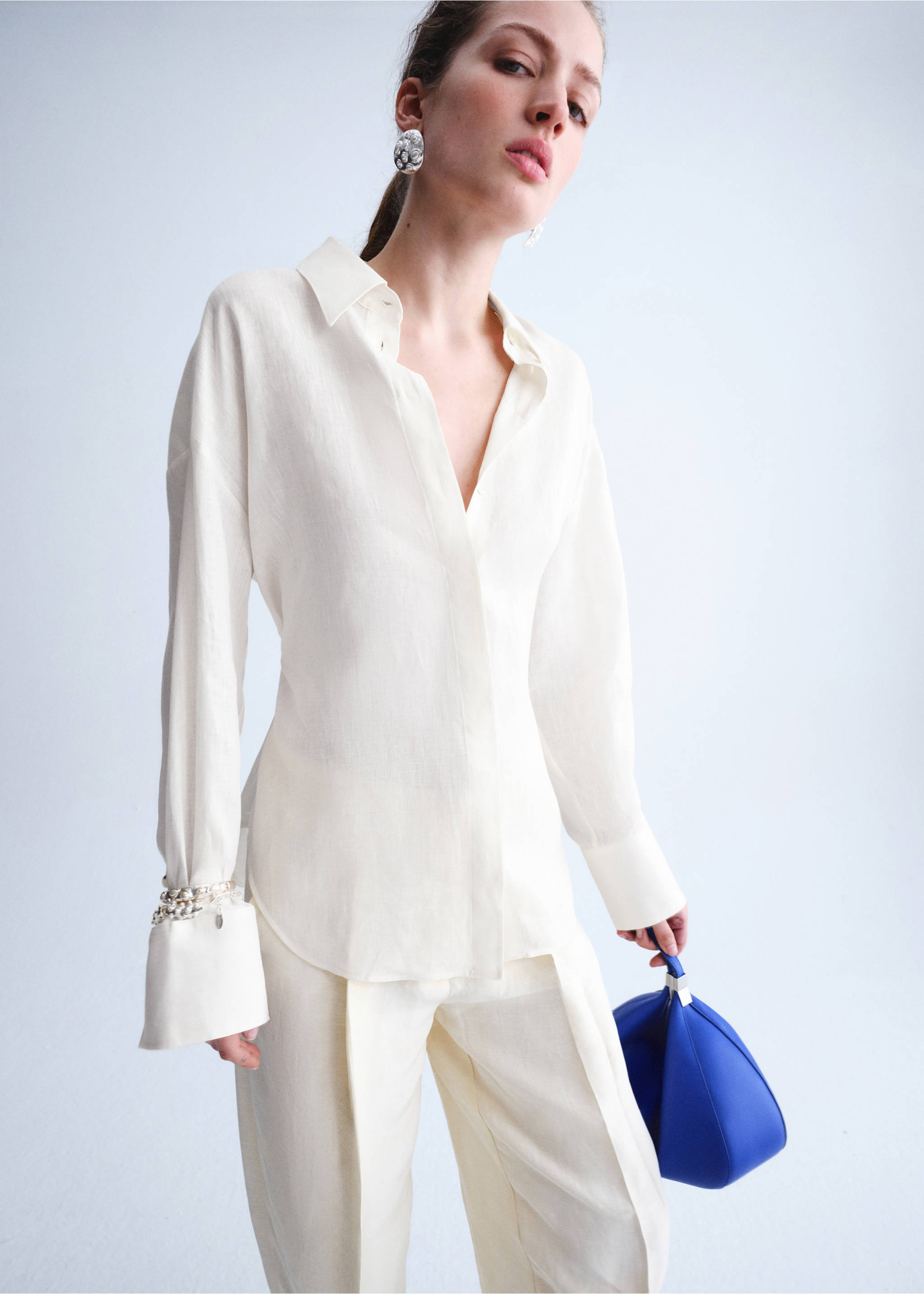 Linen tie blouse - Medium plane, Off White. Ref: 27057794-00.