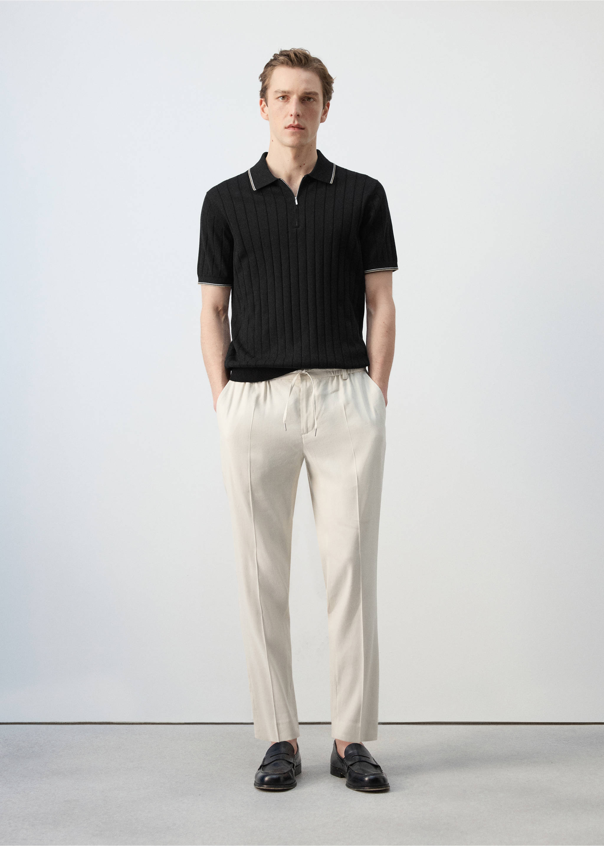 Pantalón lino slim fit rayas - Plano general, Blanco marfil. Ref: 27057895-00.