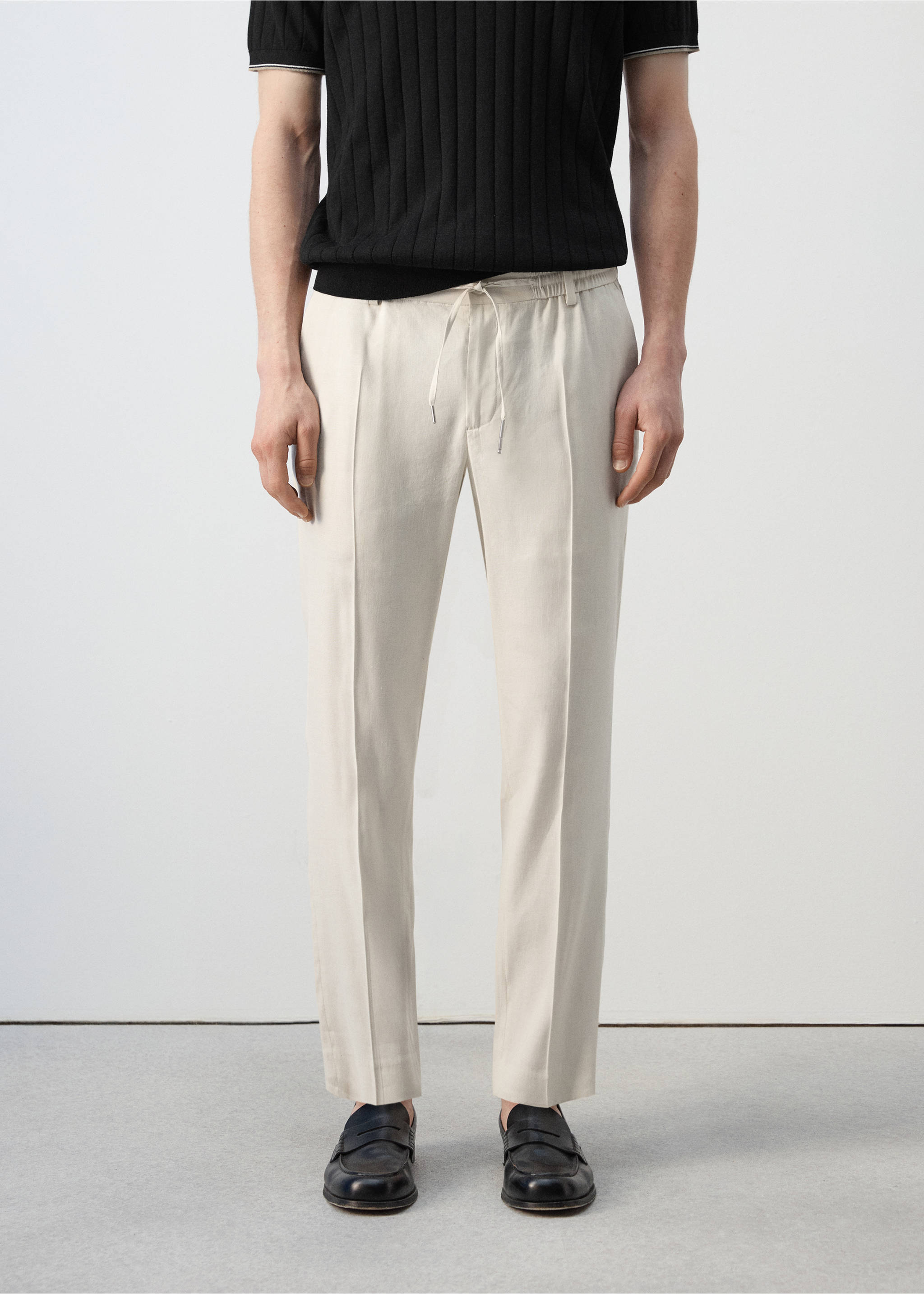 Pantalón lino slim fit rayas - Plano medio, Blanco marfil. Ref: 27057895-00.