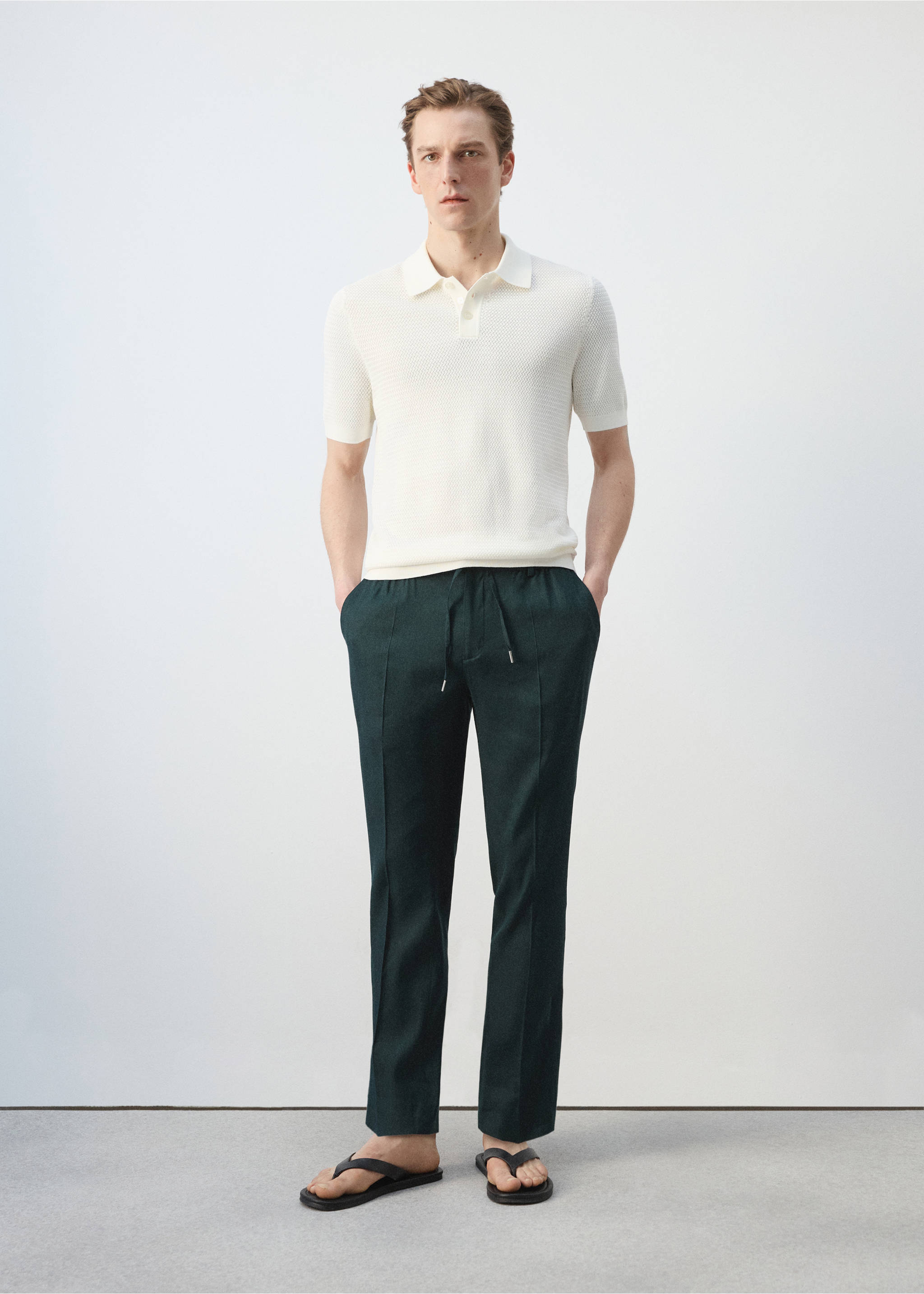 Pantalón lino slim fit rayas - Plano general, Verde oscuro. Ref: 27057895-00.