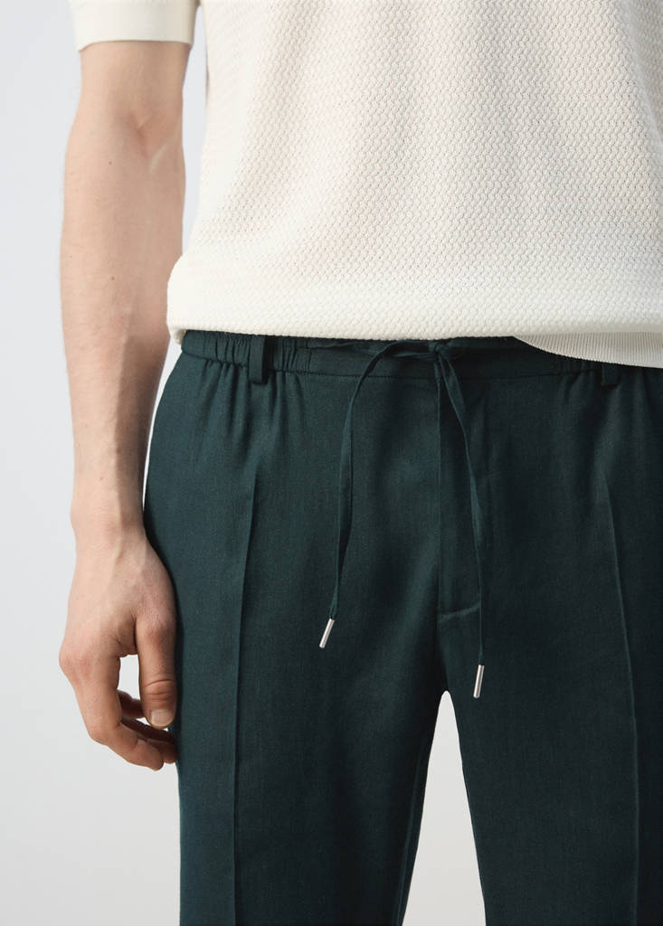 Striped slim-fit linen trousers — Dark Green
