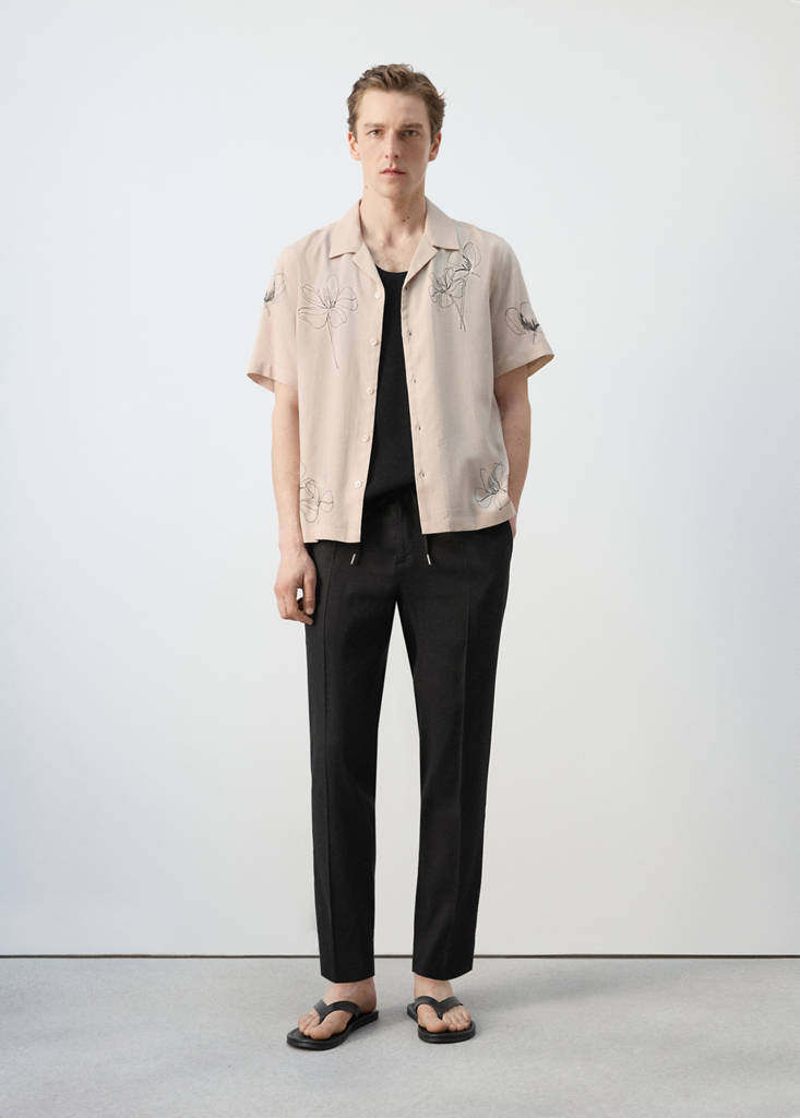 Striped slim-fit linen trousers — Black