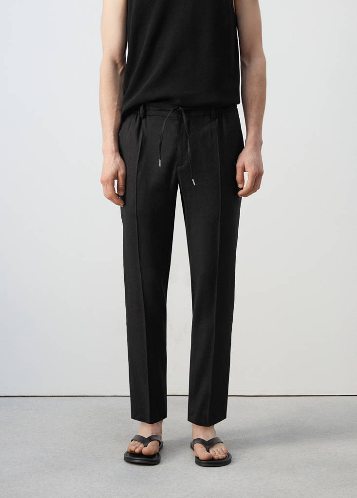 Striped slim-fit linen trousers — Black