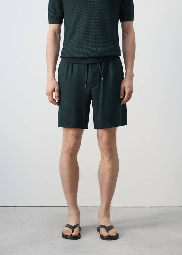 Linen-blend Bermuda shorts with cord detail — Dark Green