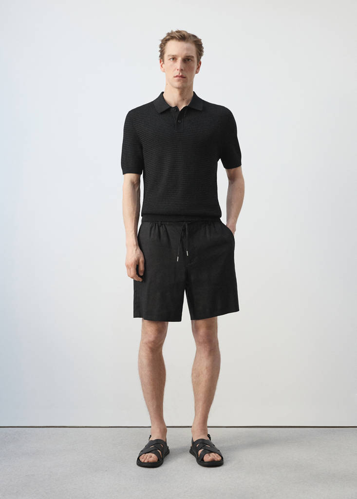 Linen-blend Bermuda shorts with cord detail — Black