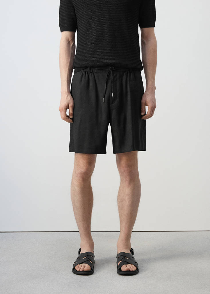 Linen-blend Bermuda shorts with cord detail — Black