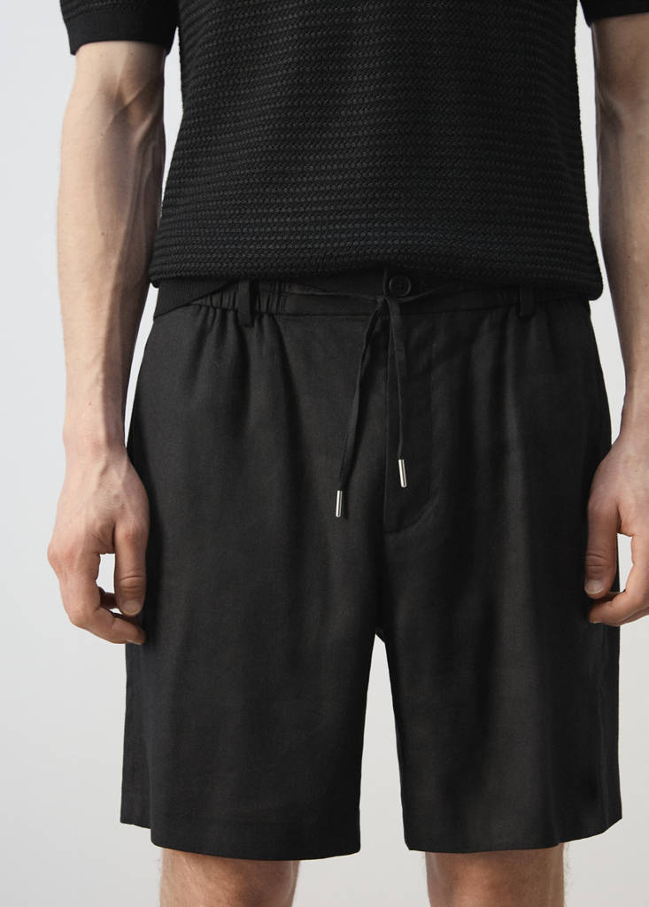 Linen-blend Bermuda shorts with cord detail — Black