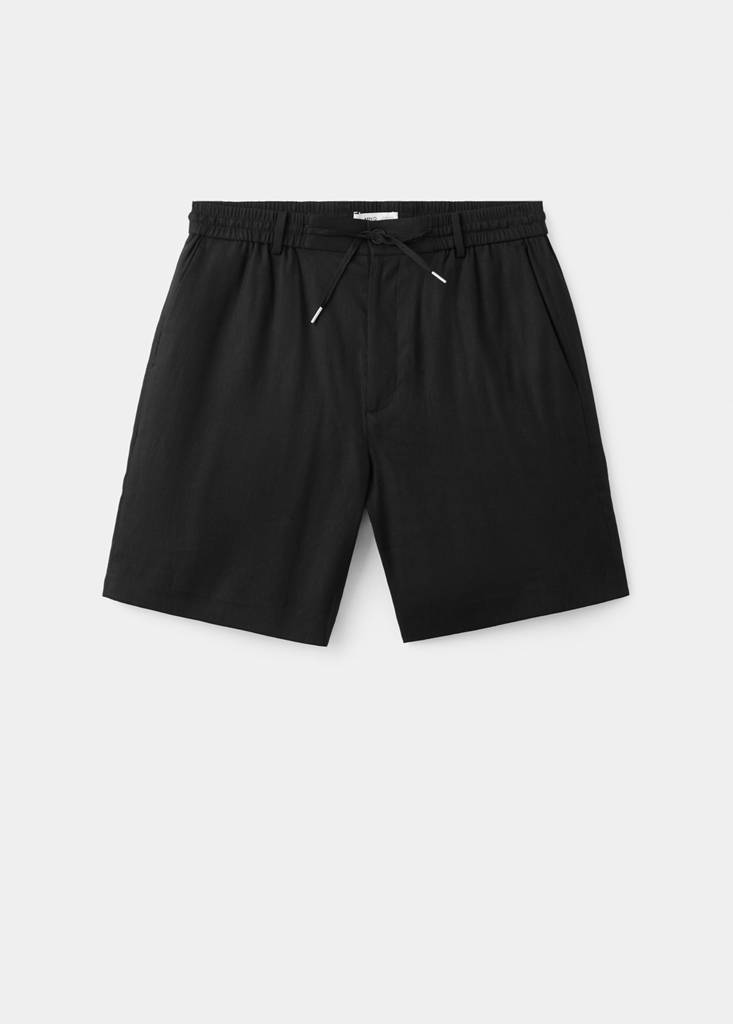 Linen-blend Bermuda shorts with cord detail — Black
