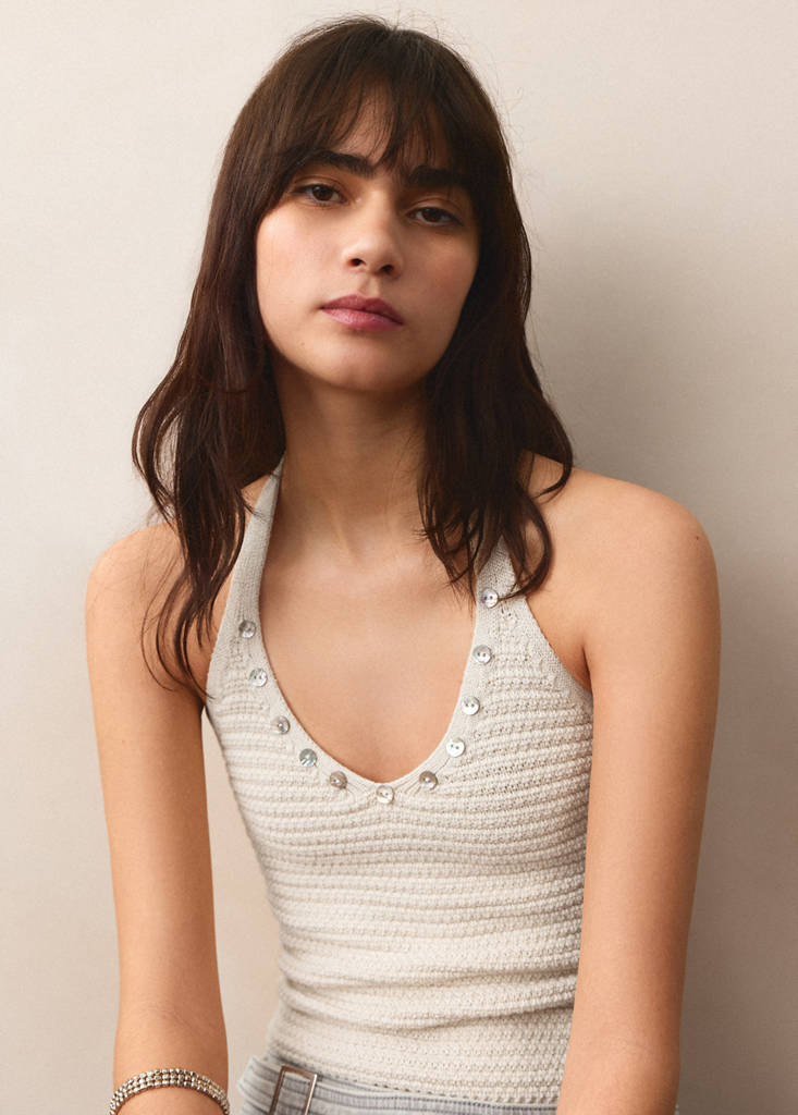 Halter-neck top with buttons — Beige