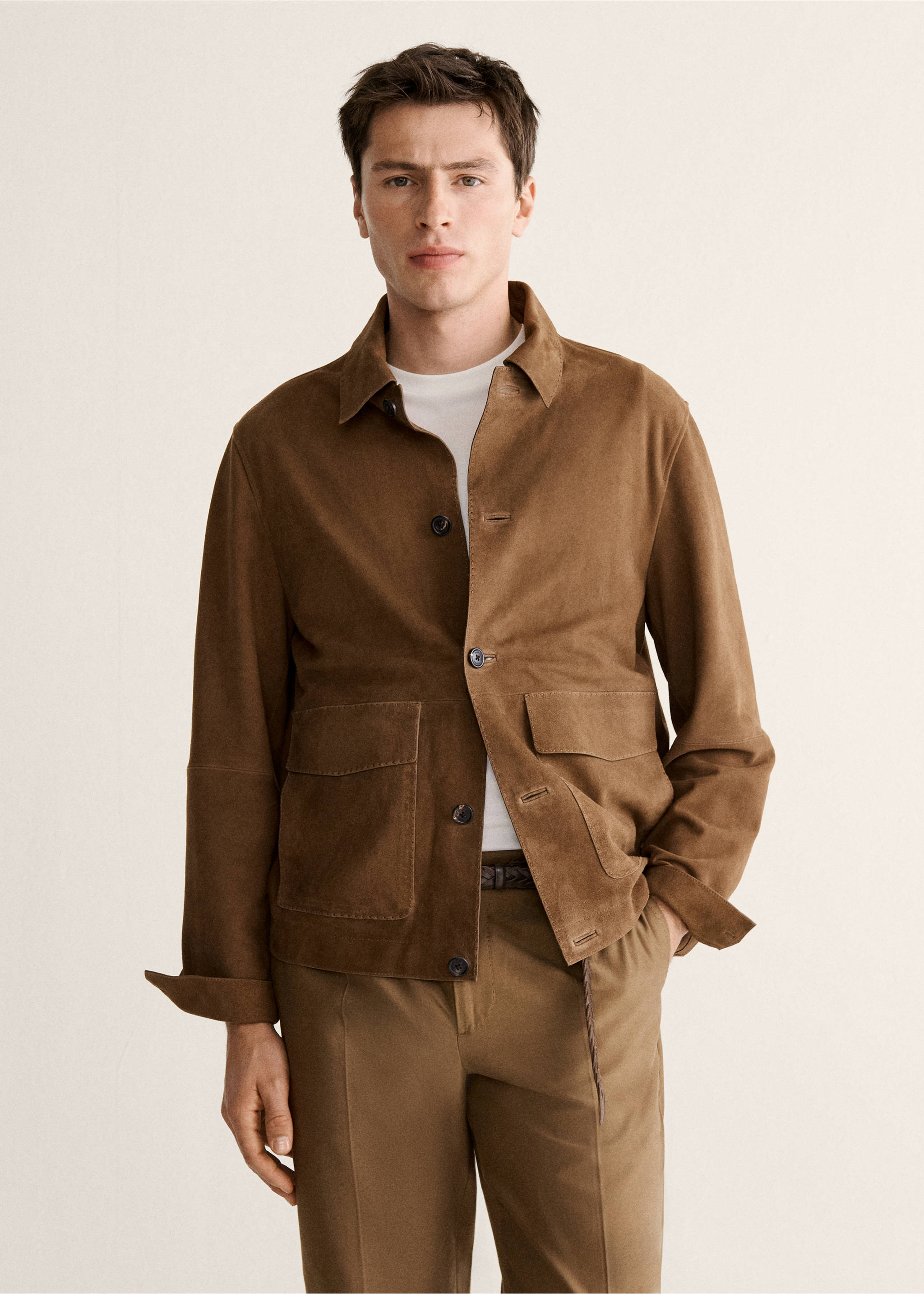 Blouson 100 % cuir daim poches - Plan moyen, Marron moyen. Ref: 27058263-00.