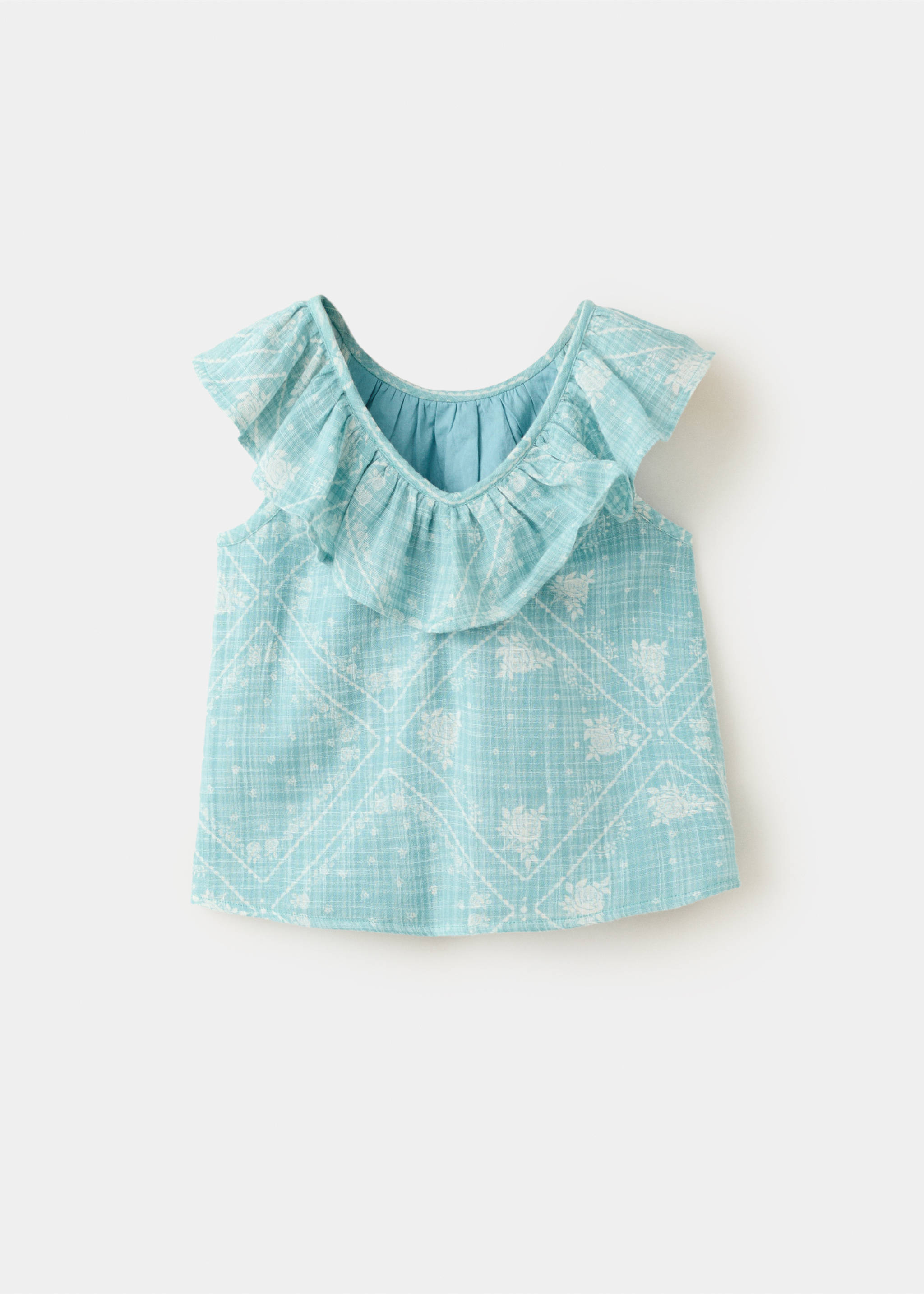 Printed blouse with a babydoll collar - Reverse of the article, Turquoise. Ref: 27058270-00.