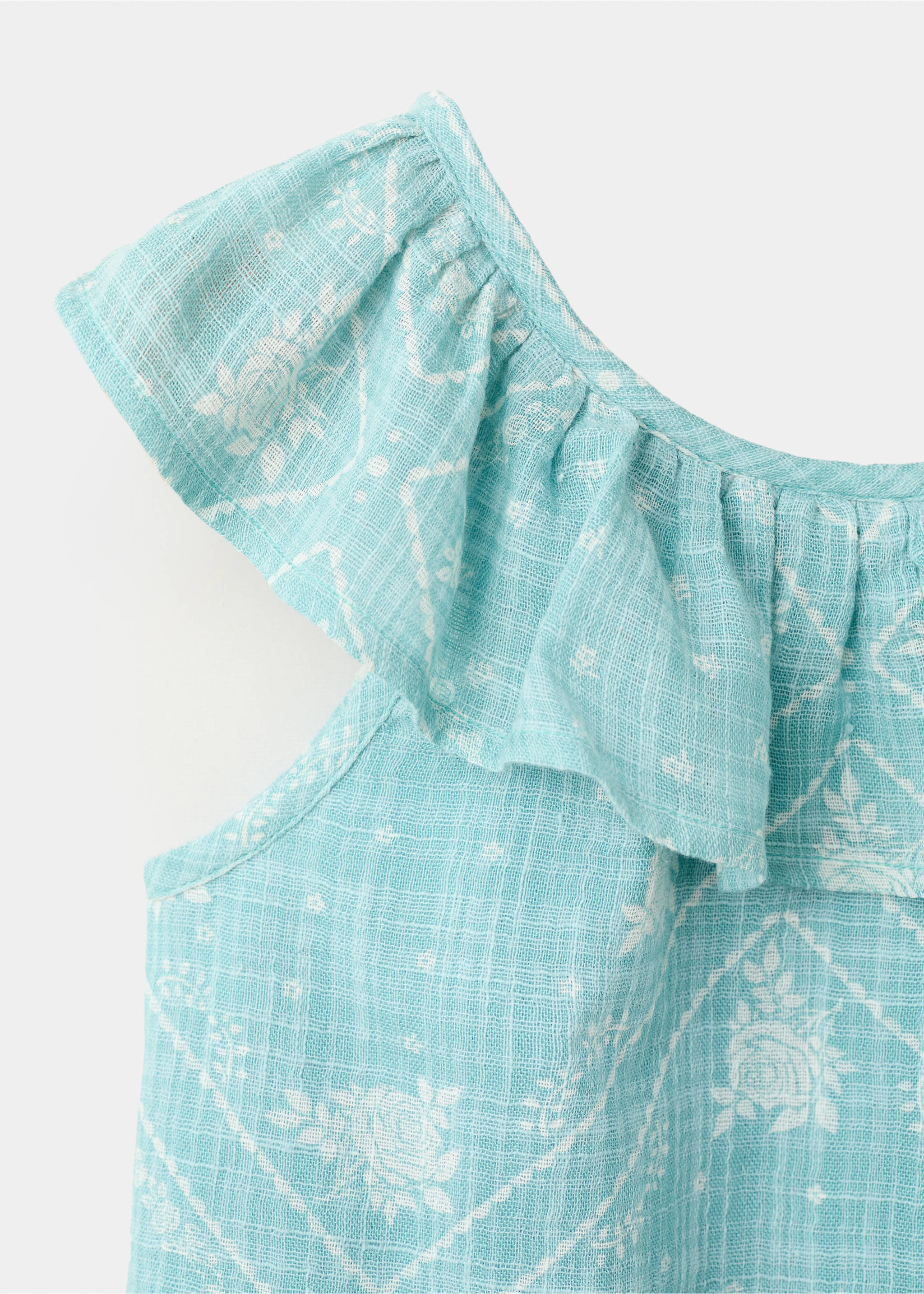 Printed blouse with a babydoll collar - Details of the article 8, Turquoise. Ref: 27058270-00.