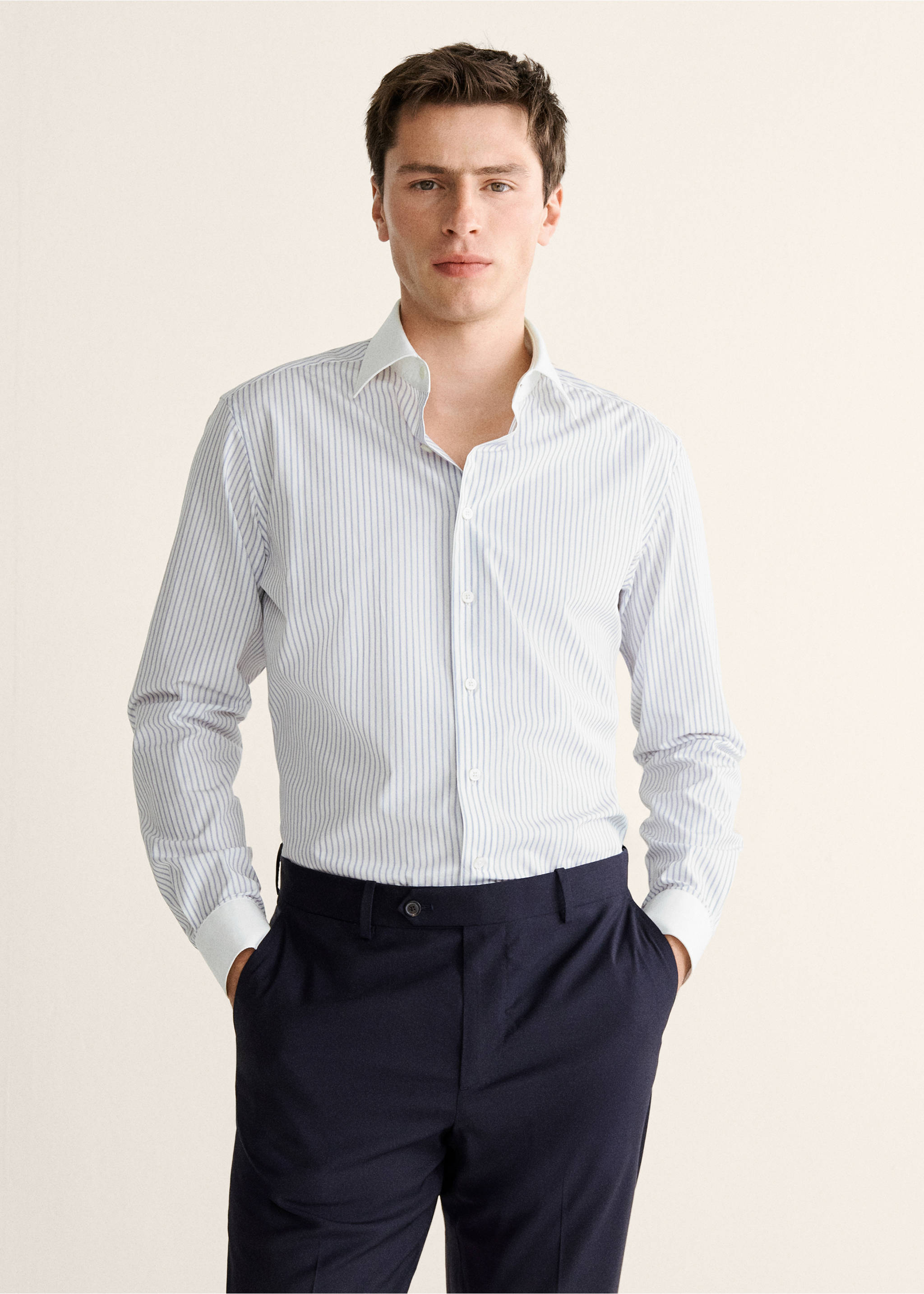 100% cotton slim-fit striped shirt - Medium plane, Sky Blue. Ref: 27058272-00.