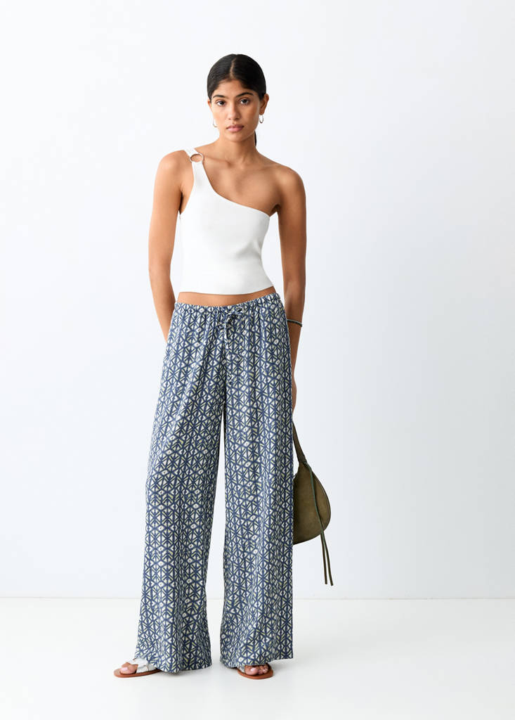Printed linen trousers — Navy
