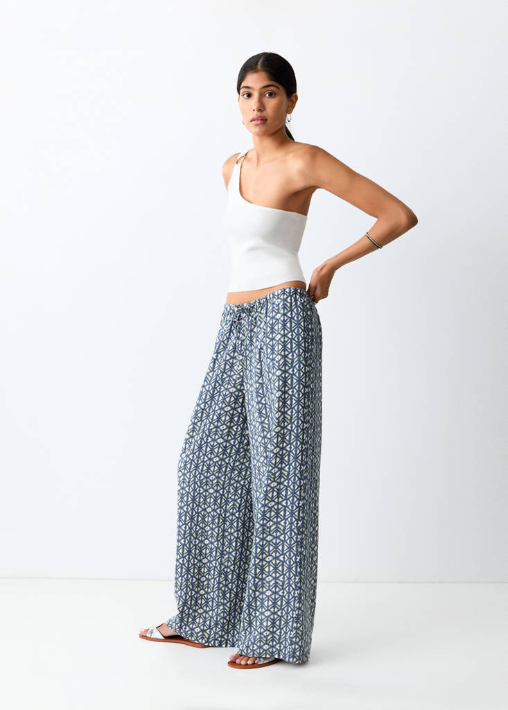 Printed linen trousers — Navy